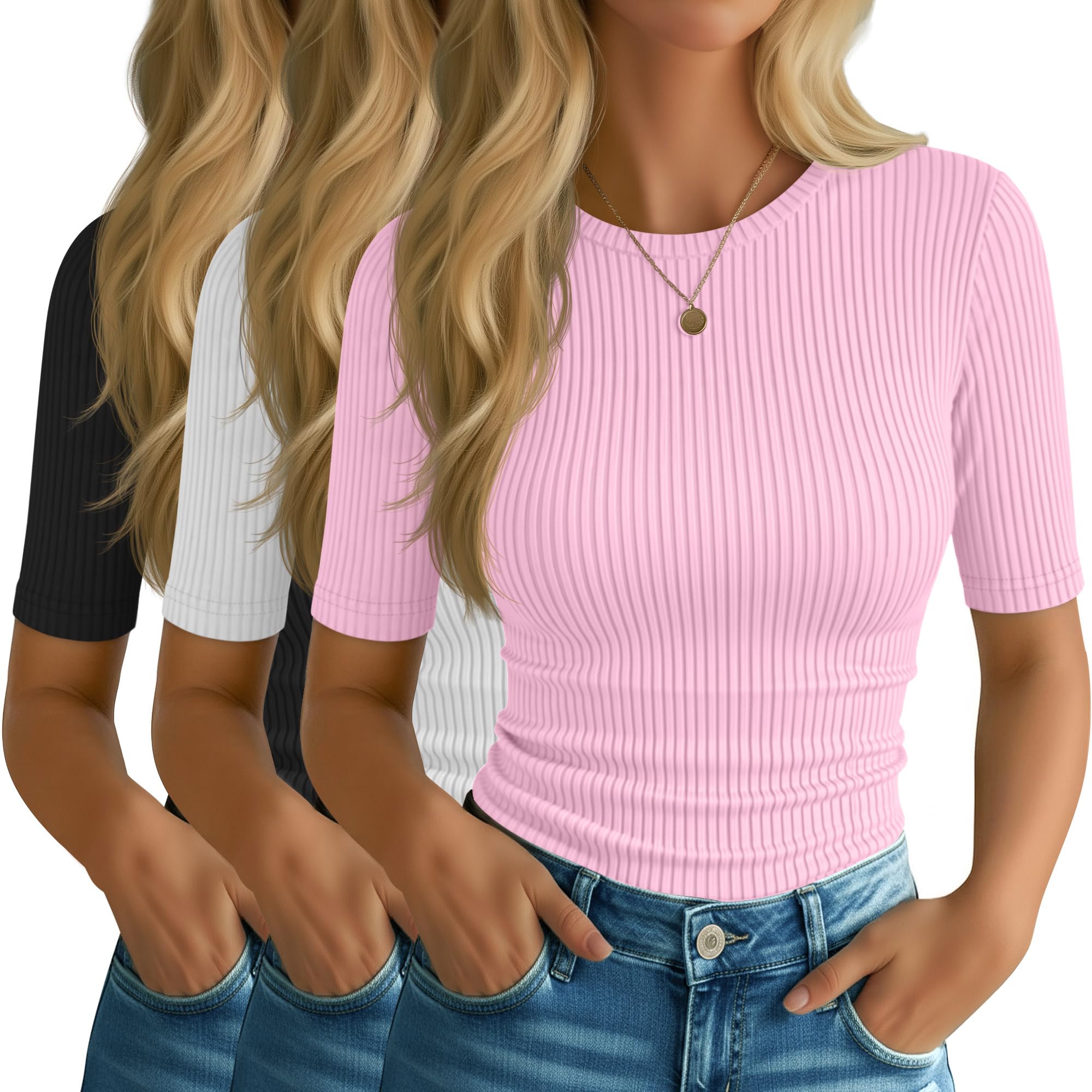 Riyiper 3 Pack Women's Half Sleeve Tops, Elbow Length Ribbed Cotton T Shirt Crew Neck Summer Tee Slim Fit Casual Blouses