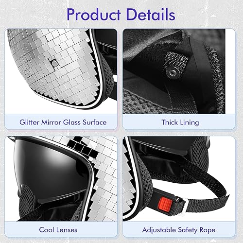 Miniatura 5 de Kanayu 2 piezas de casco de bola de discoteca con visera retráctil, espejo con purpurina, sombrero de cristal para Navidad, Año Nuevo, disfraz