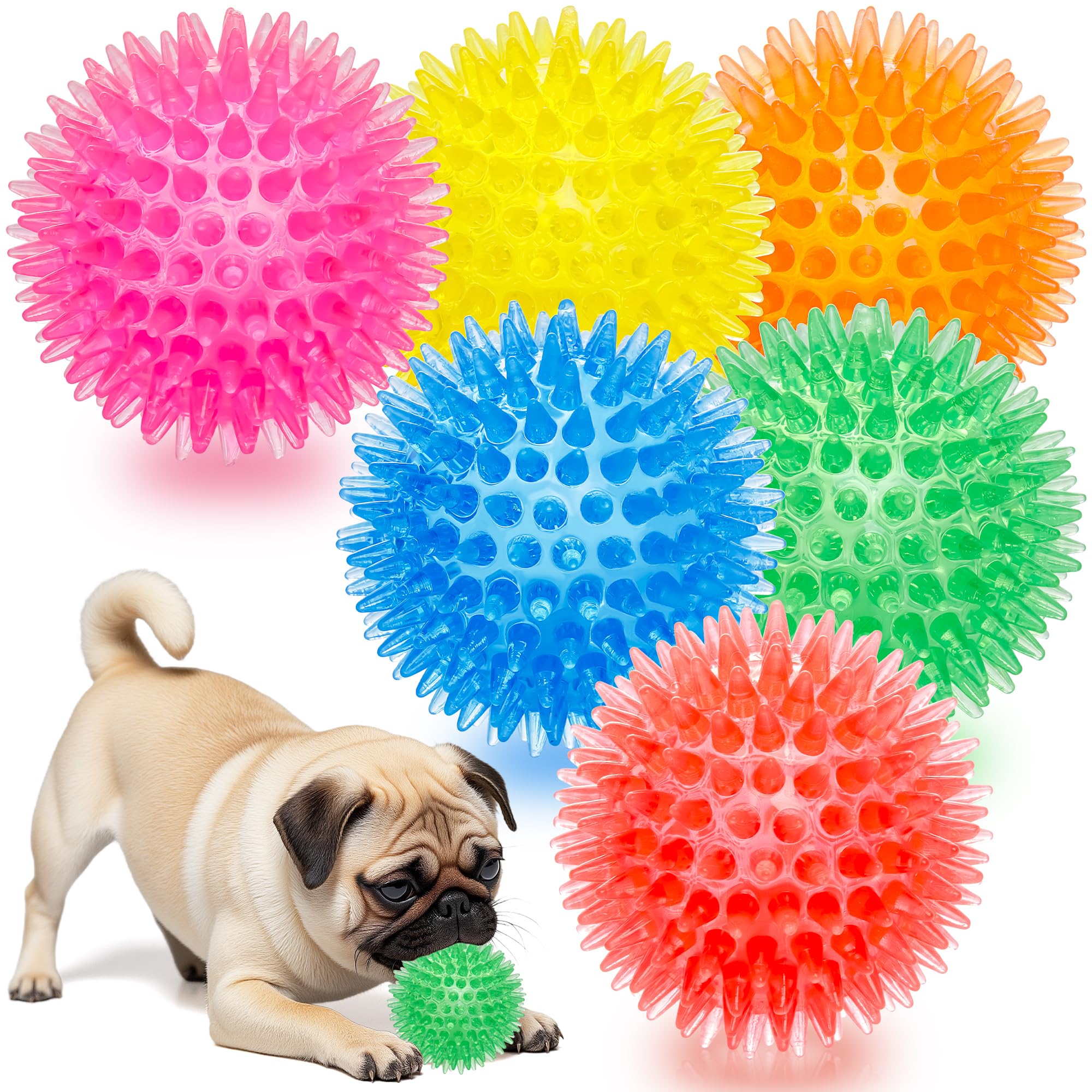 Labeol 2.6” Heavy Duty Squeaky Balls for Dogs 6 Pack Puppy Chew Toys for Teething TPR Fetch Spike Dog Balls Dog Chew Toys for Small and Mideum Breed