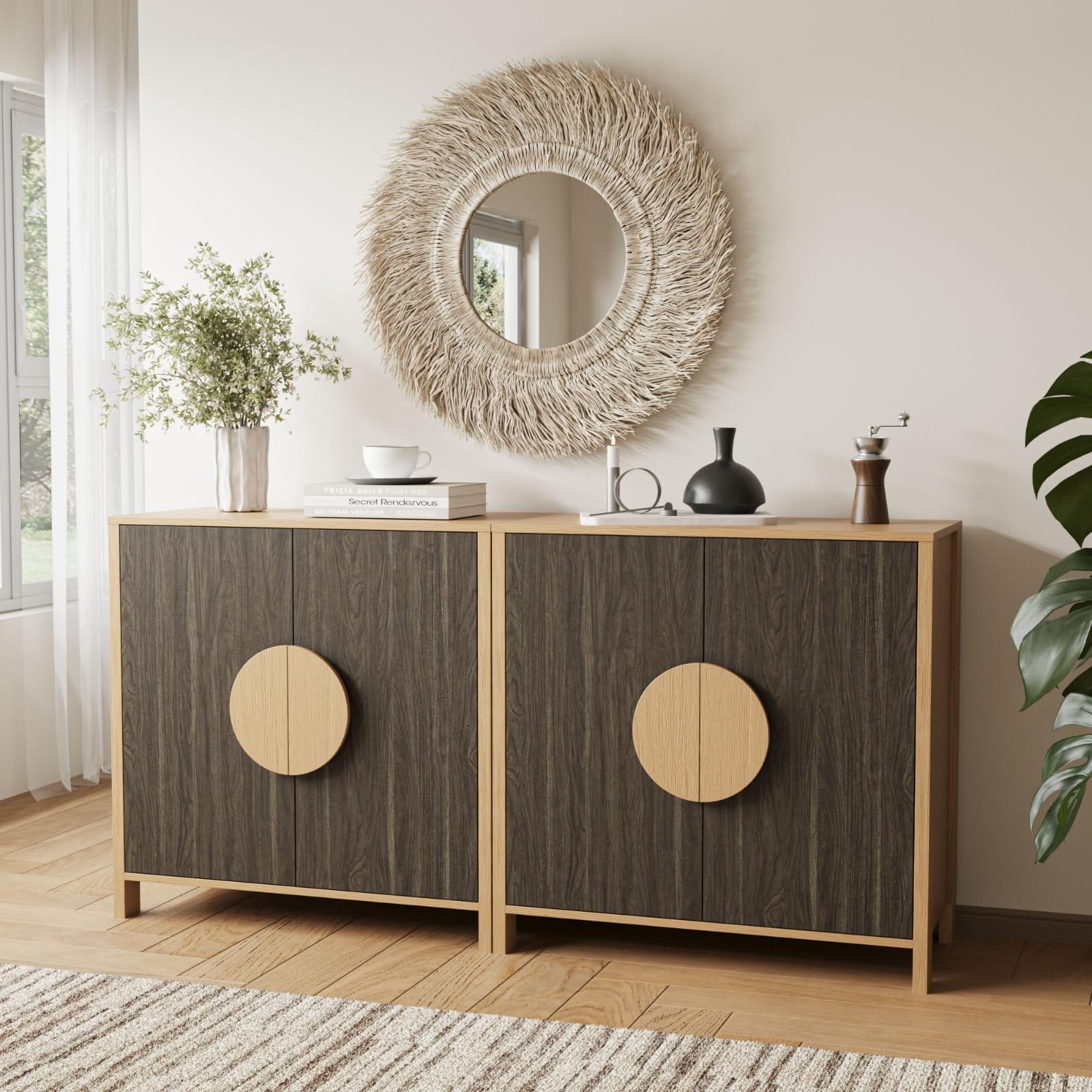 BREEZEHEAT Sideboard Buffet Cabinet with Storage, Mid Century Modern Buffet Table, 64" Wood Accent Cabinet with 4 Doors and Adjustable Shelf, Storage