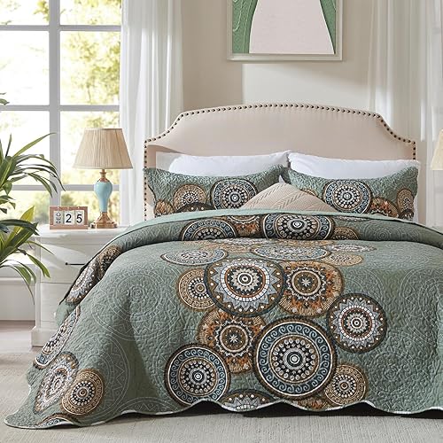 Miniatura 2 de LEAONME Juego de edredón de 3 piezas, tamaño matrimonial, Queen, color verde oliva, ligero, de gran tamaño, de 90 x 98 pulgadas, colcha floral de