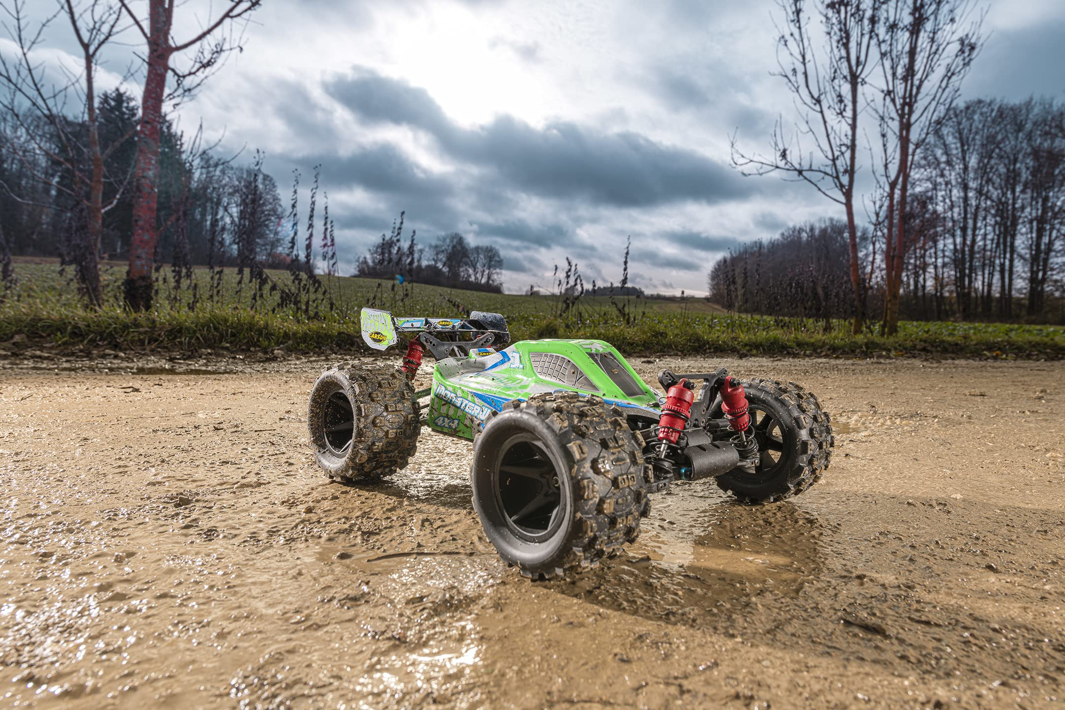 Carson 500404223 1:10 X10 Monster Warrior XL 2.0 100% RTR, zdalnie sterowany samochód, Offroad Buggy, w zestawie baterie i pilot zdalnego sterowania, nadwozie z nadrukiem