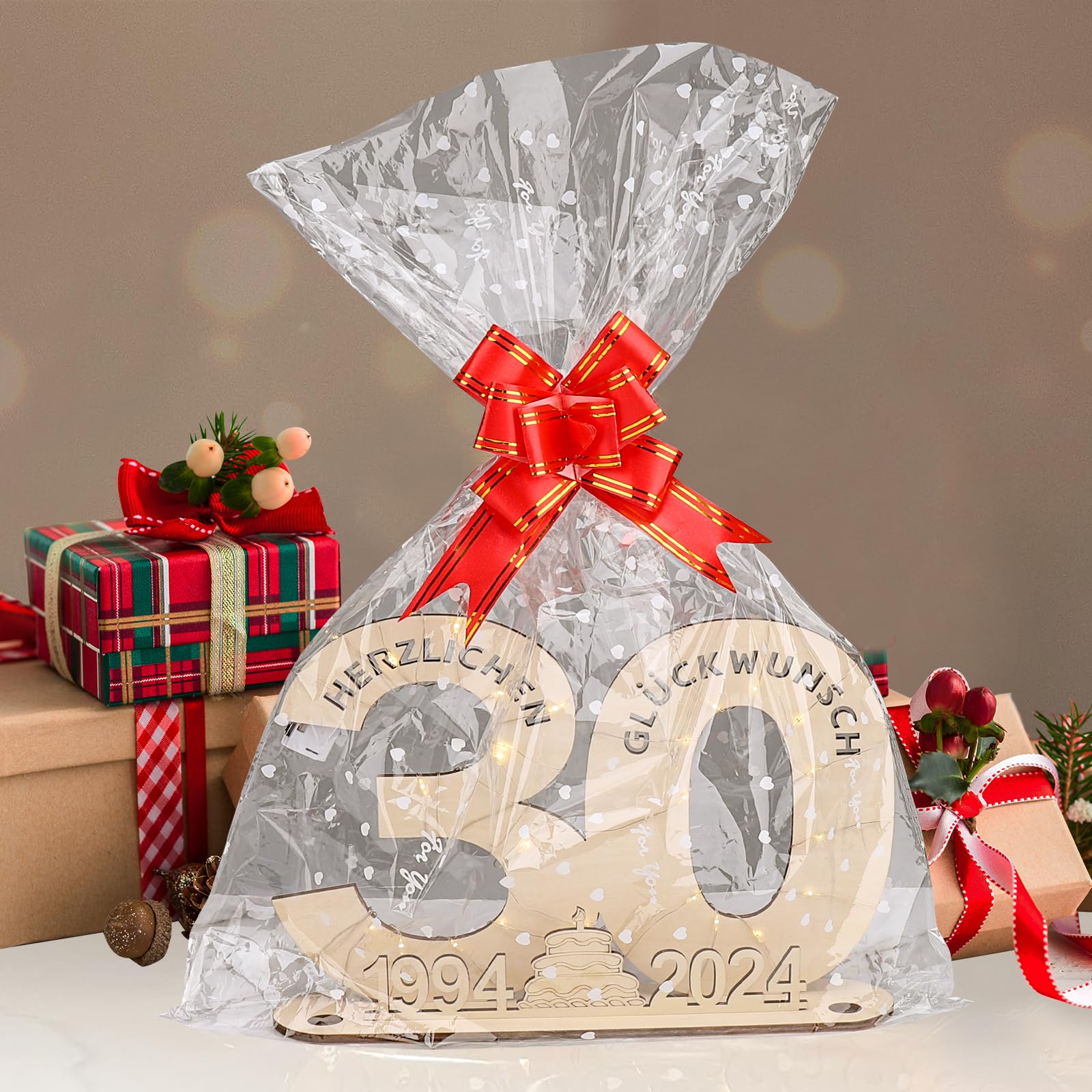 Seutgjie Decorazione per 30° compleanno, donna uomo, regalo in denaro, 30 pezzi, in legno, con catena luminosa a LED, per uomini e donne, matrimonio, anniversario, decorazione da tavolo 1995-2025
