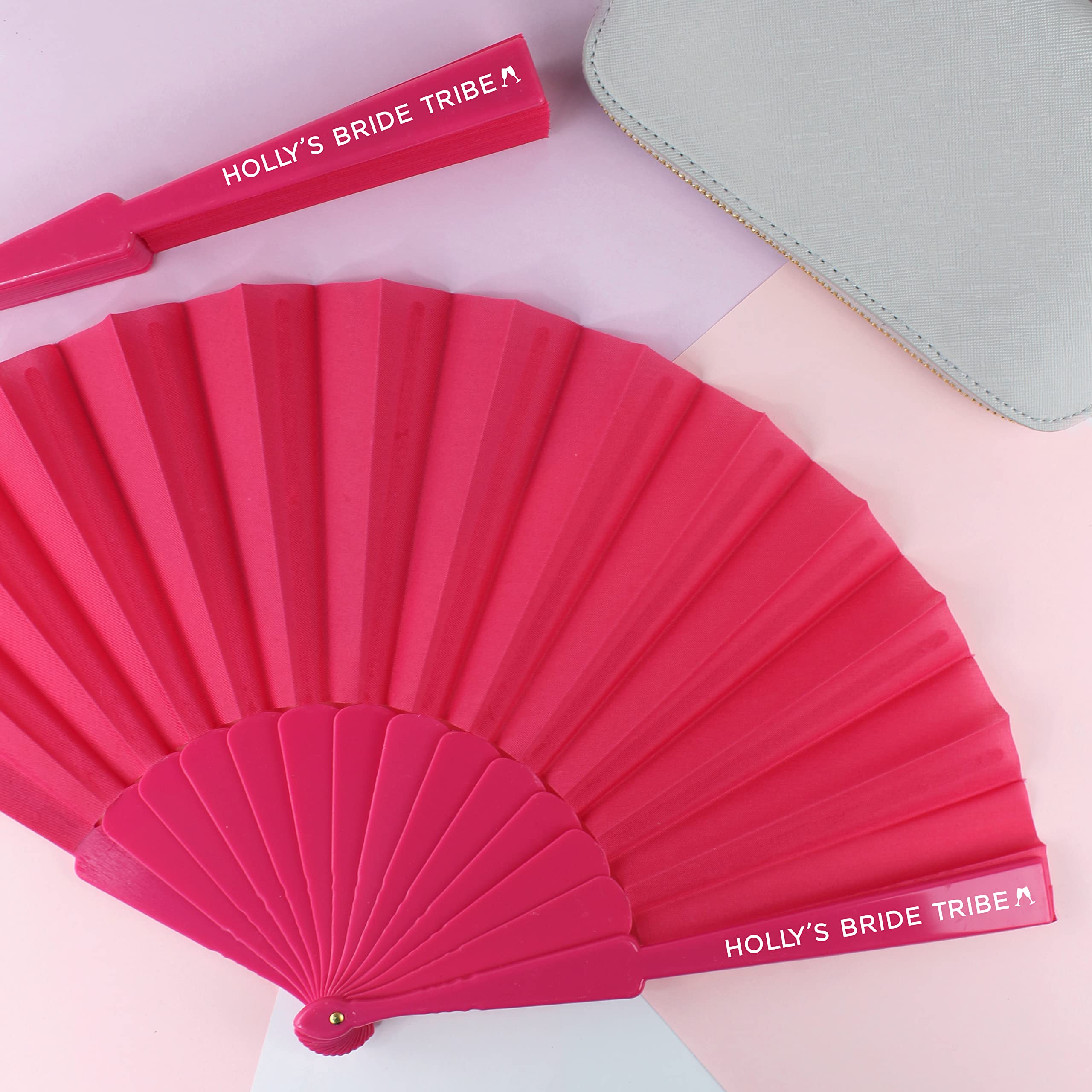 Ebuygb Girls Pink Personalised Folding Handheld Fan, Bride Tribe Fan, Bridal Party Favours For Hen Do Abroad, Weekend, Hen Party, Pool Party, Destination Wedding (Pack Of 15)