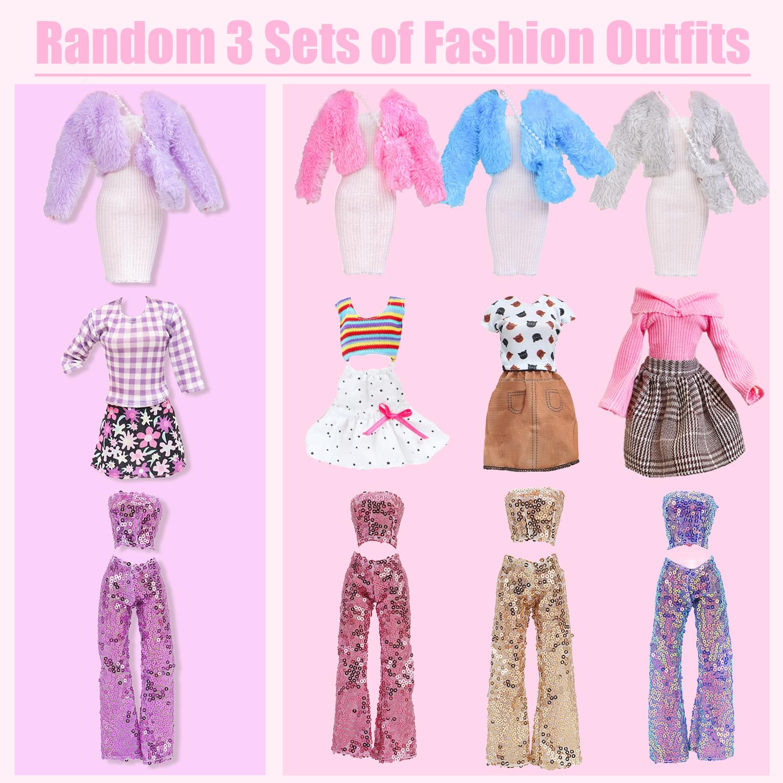 16 pezzi di vestiti e accessori per bambole da 11,5 pollici, cappotto rosa, vestito a motivo pied-de-poule, set casual, selezione casuale di 3 outfit, 6 scarpe, 2 borse, 1 paio di orecchini, 1