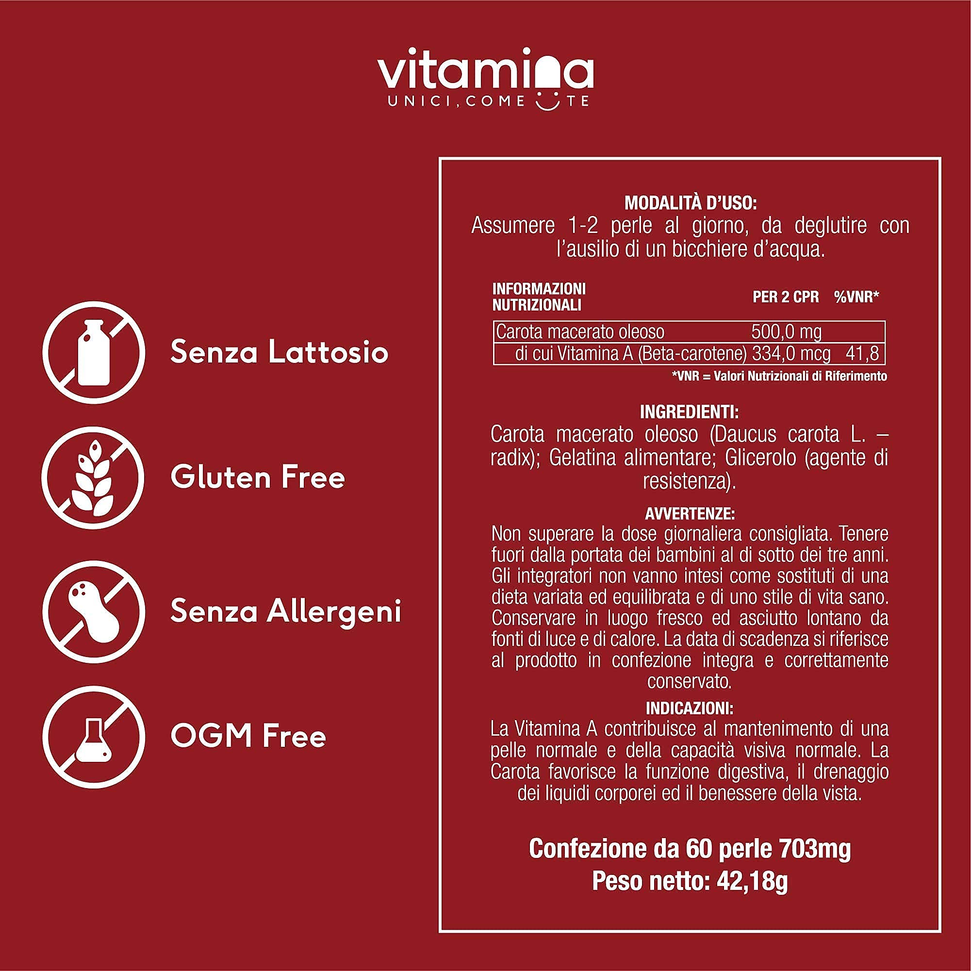 Integratore Betacarotene | Vitamina A naturale | Abbronzatura intensa e prolungata | 60 perle senza Glutine e Lattosio | Vitamina | Portapillole in omaggio | Made in Italy (1 Confezione)