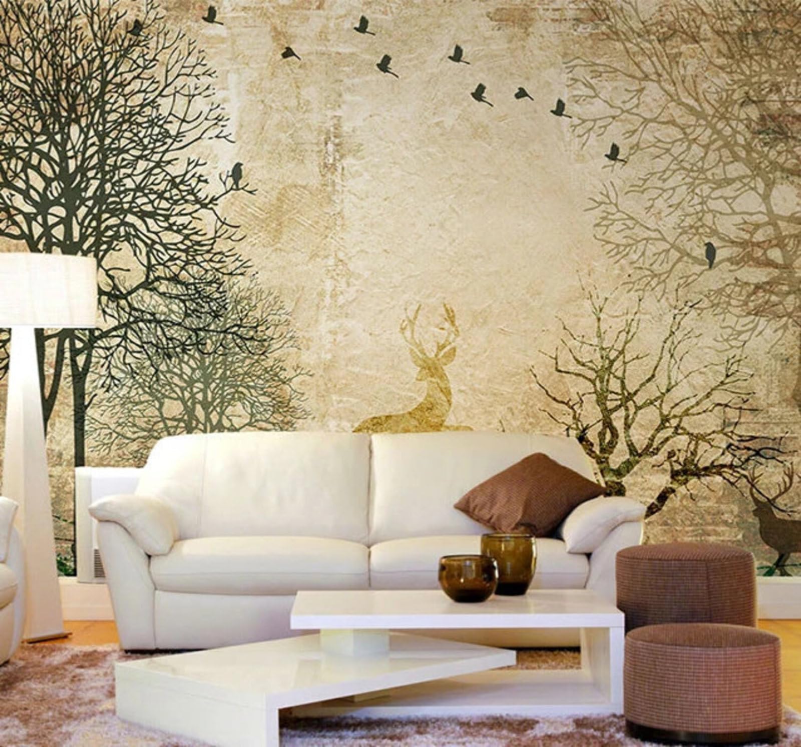 Xlming 250Cm×170Cm(B×H) Retro Hand Drawn Forest Reindeer Birds 3D Wallpaper Silky Texture Home Study Office Grey Dining Room Sofa Bedroom Living Room Tv Backdrop-250Cm×170Cm