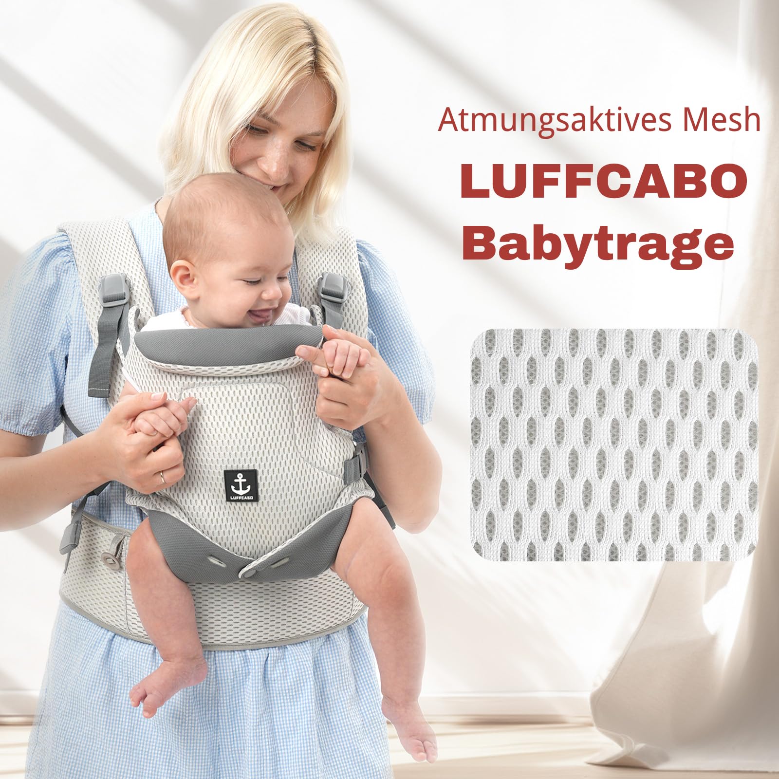 Mesh Babytrage, Atmungsaktive Kindertrage, Ergonomische Babytrage ab 5 Monaten, Baby Trage nach der Neugeborenenphase und mit 3 Tragepositionen für Babys von 5–36 Monaten bis 15kg