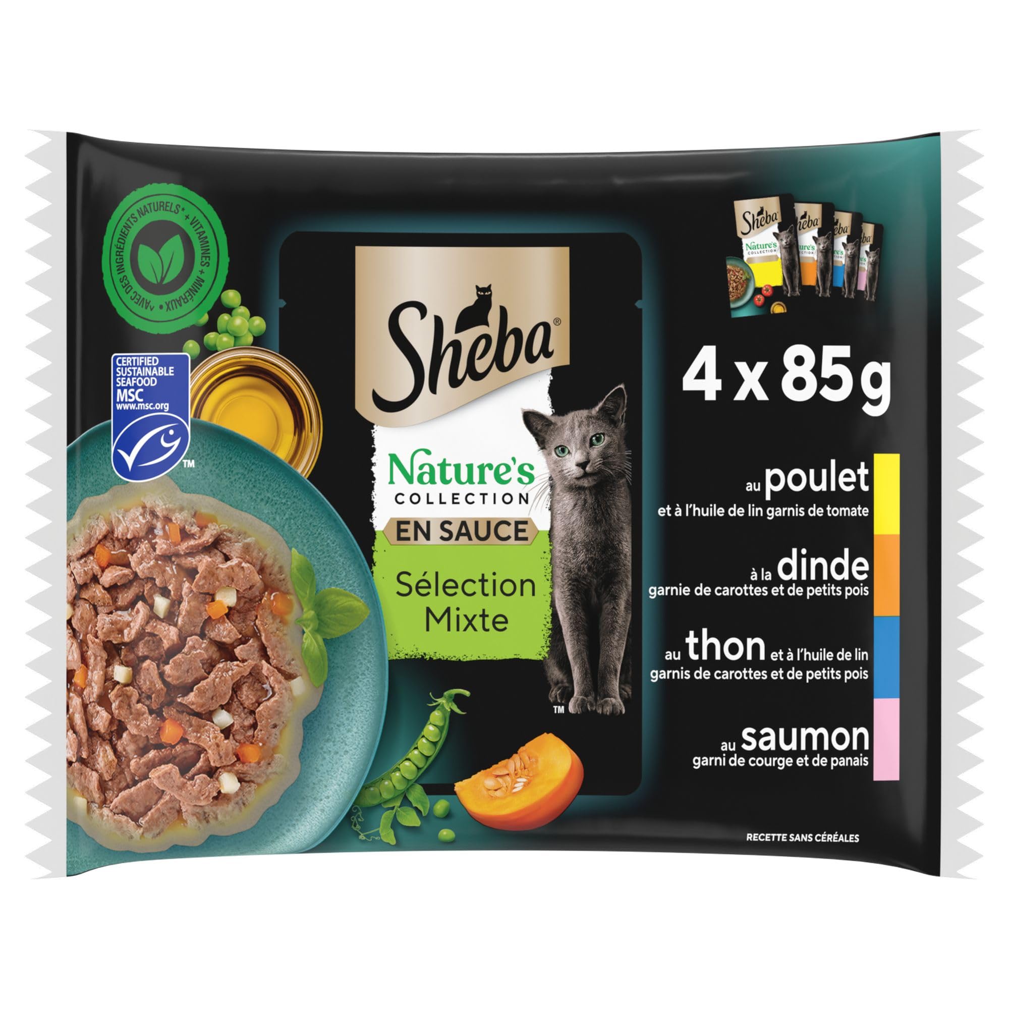 Sheba Nature's Collection en Sauce pour Chats Adultes - Nourriture Humide pour Chats Sélection Terre & Mer 4 variétés - Sachets fraîcheur (13 x 4 x 85g)