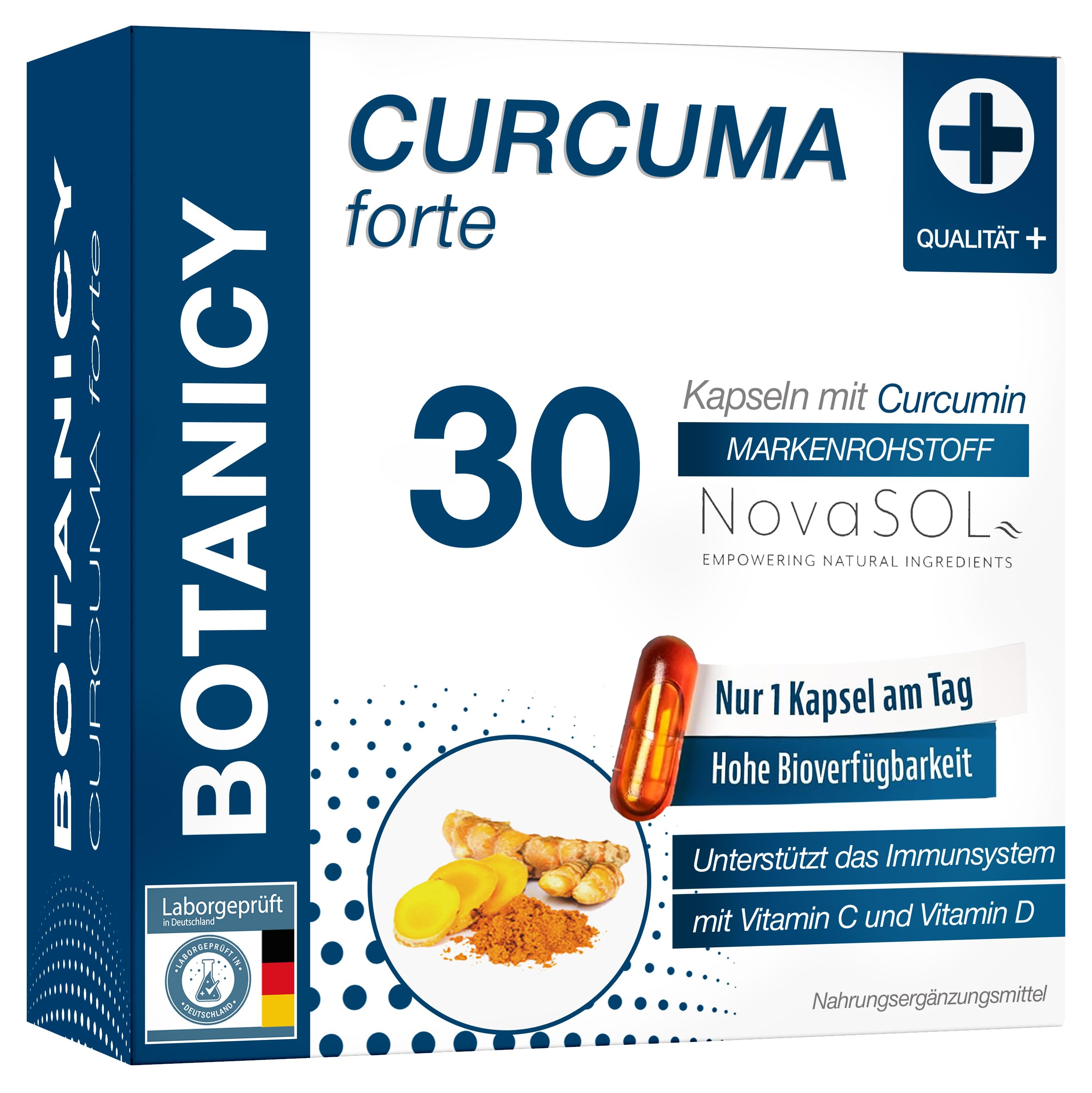 BOTANICY Curcuma forte - 30 Kurkuma Kapseln - Flüssiges NovaSOL Curcumin plus Vitamine C und D - Hochdosiert, Hohe Bioverfügbarkeit, Ohne Piperin - Laborgeprüft in Deutschland