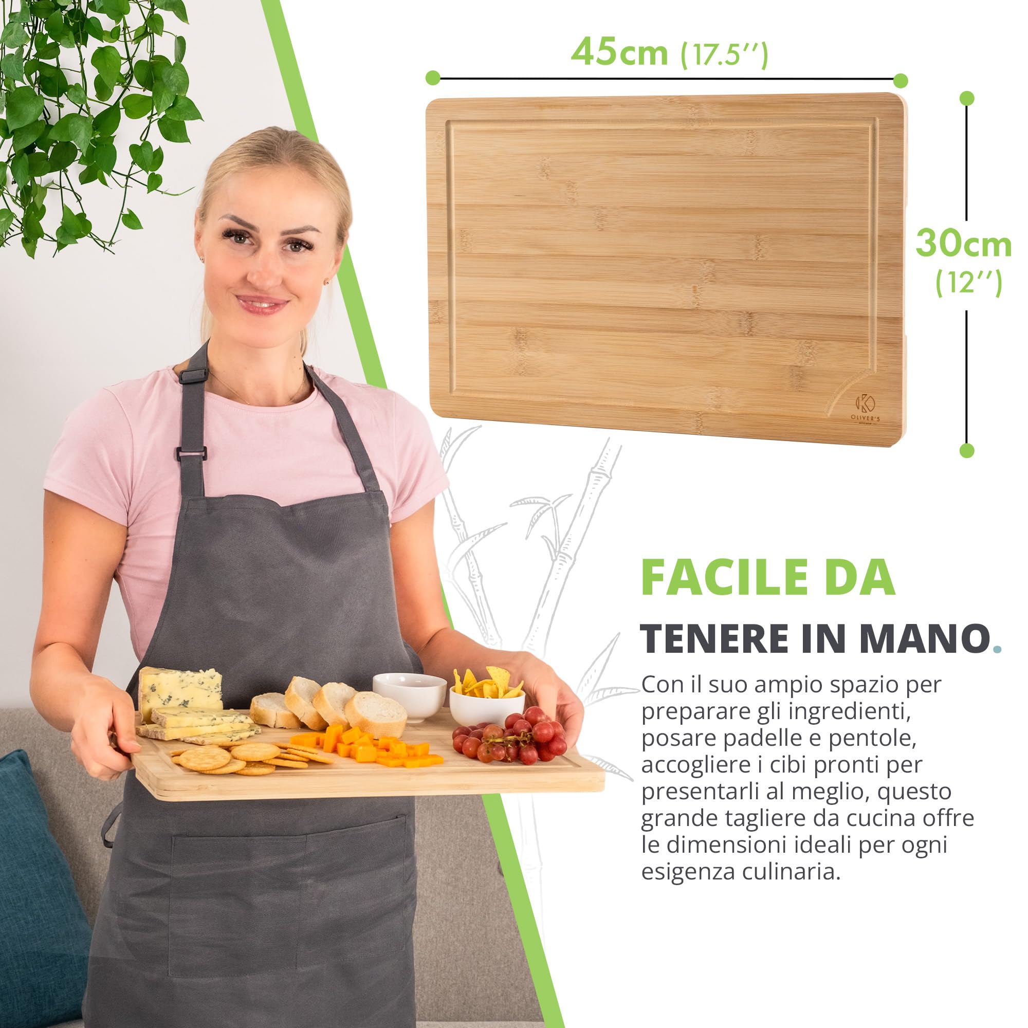 Tagliere da Cucina Grande in legno 100% bio Oliver's Kitchen – 45 x 30 x 3 cm – Tagliere in Legno Reversibile – Resistente, Durevole ed Elegante – Facile da Pulire - Con Scanalatura Anti-goccia