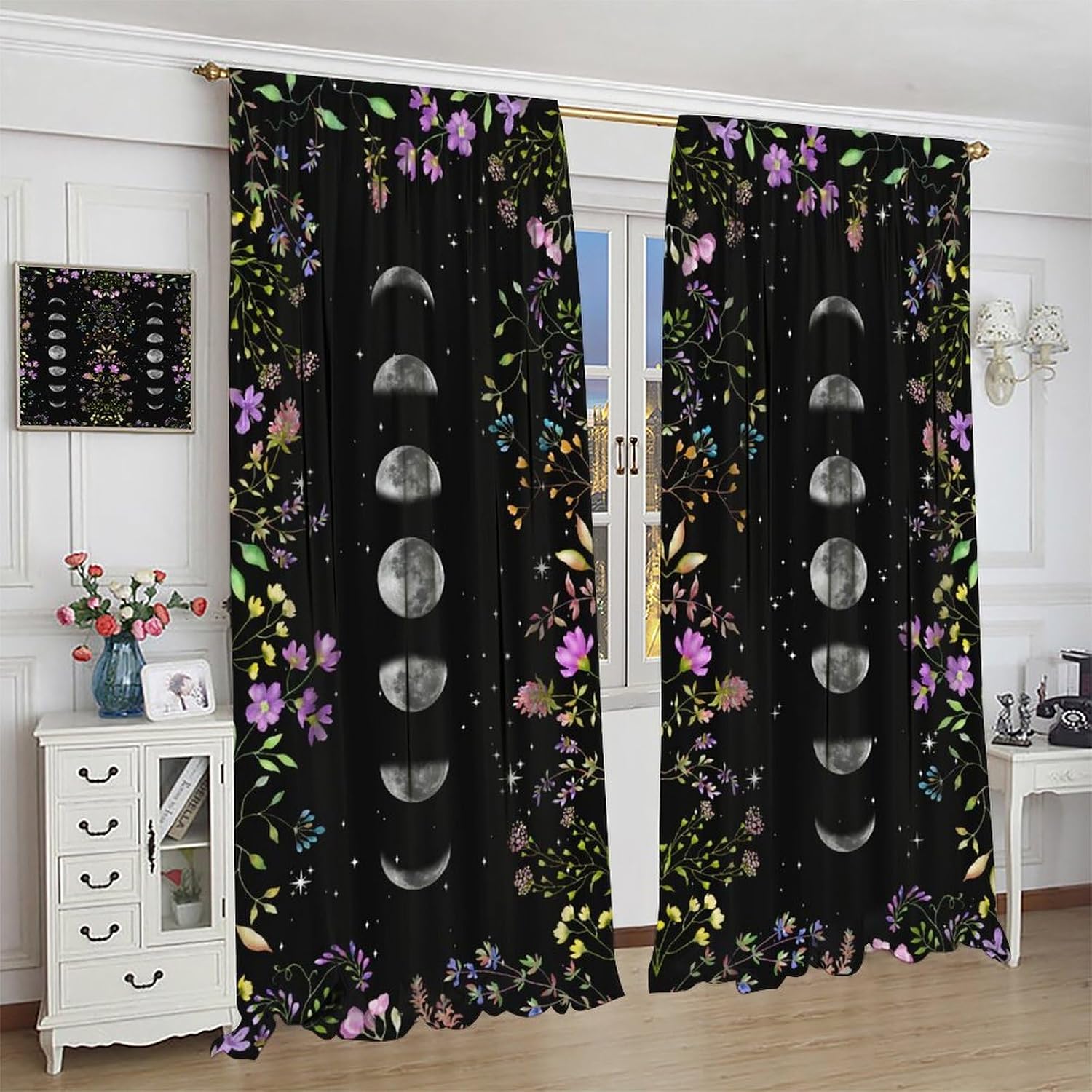 Moon Phase Flower Curtains,Fantasy Rustic Colorful Stars Plant Flower Leaves Boho Moon Blackout Window Treatments, Thermally Insulated Rod Pocket Drapes for Girls Living Room Bedroom Kitchen 42x63in