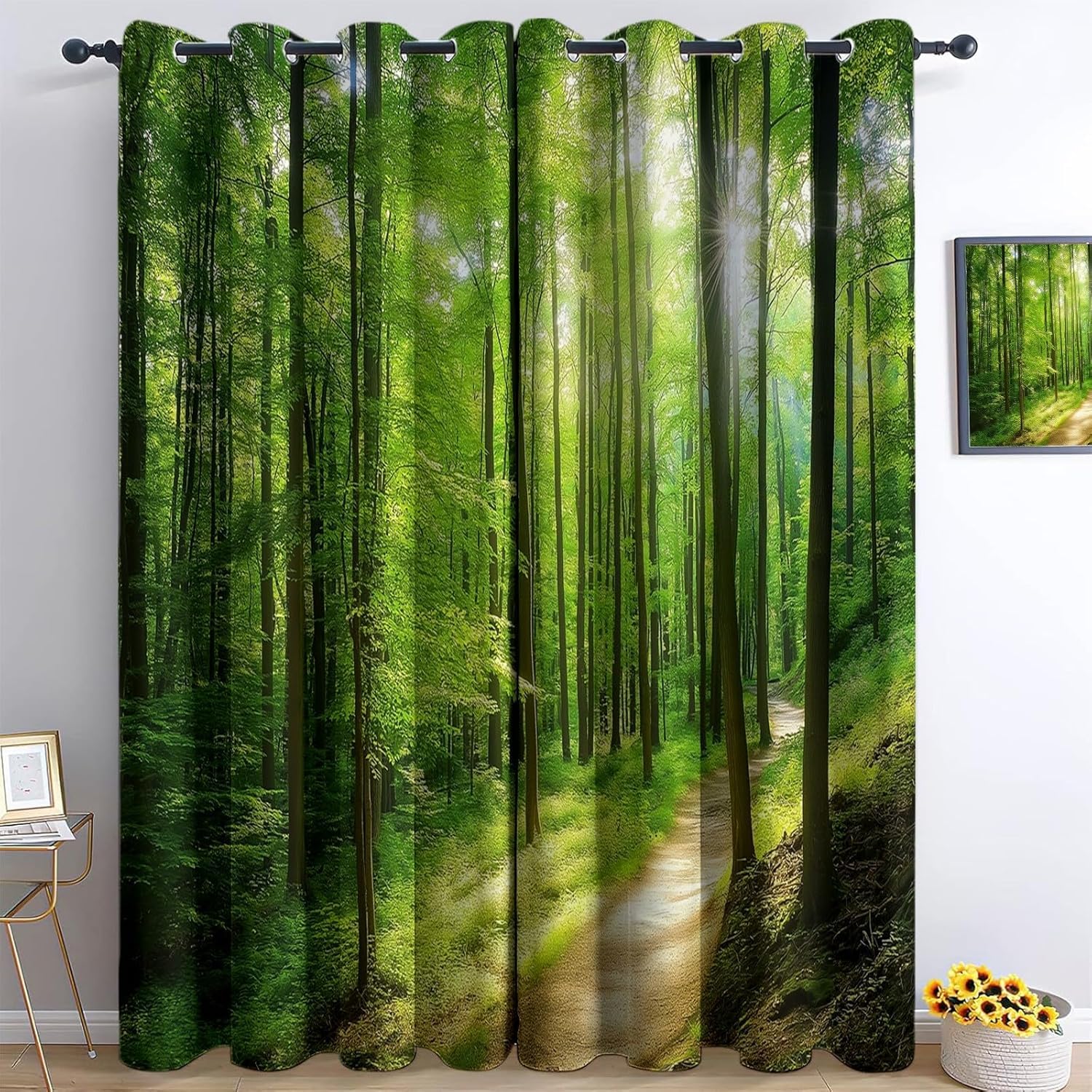 Rideau occultant paysage forestier 2x140x175cm pour déco chambre et salon