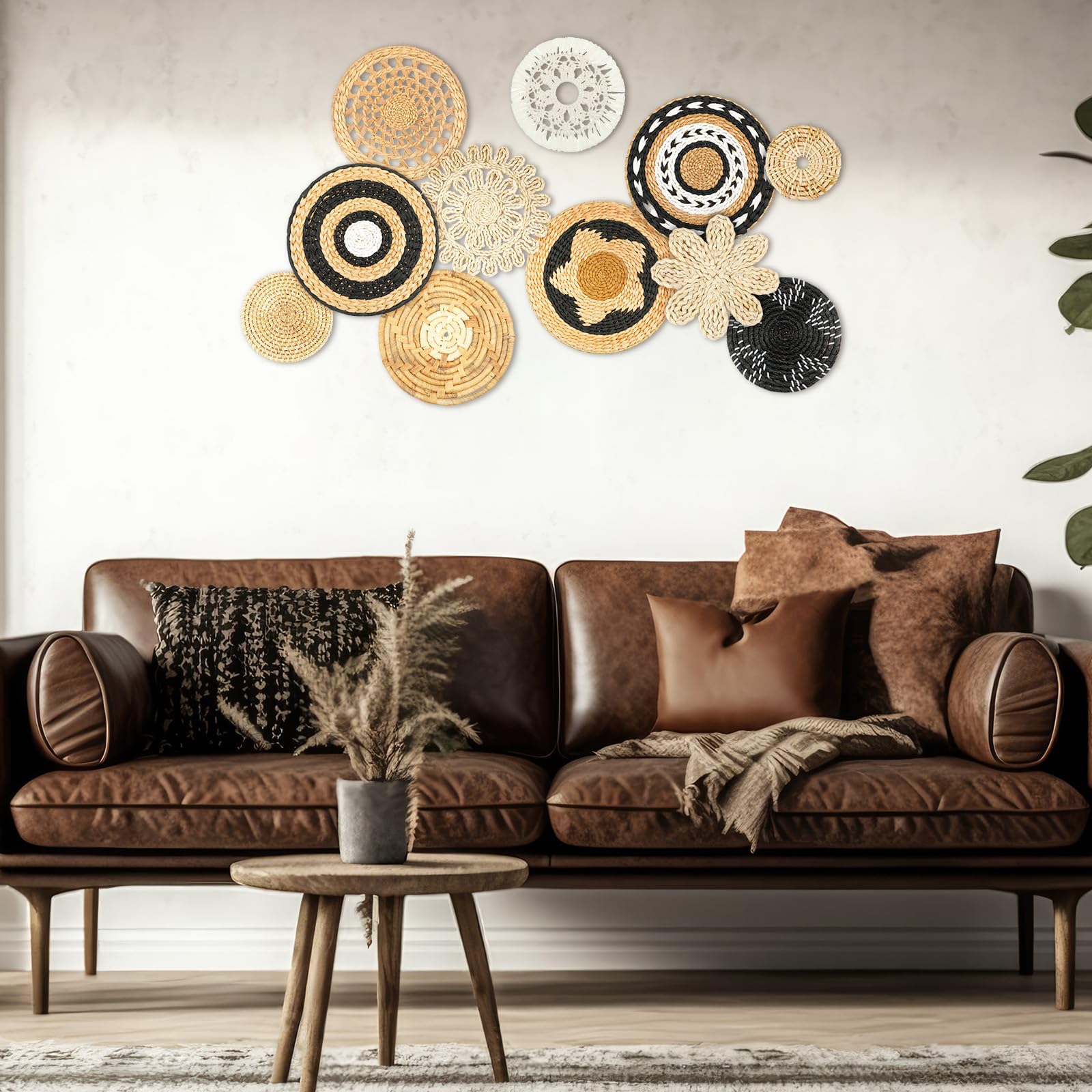 Tatuo 11 canastas de pared bohemias para decoración de pared, cesta tejida de junco, decoración de pared, arte bohemio de pared, cestas redondas para colgar en la pared, para decoración rústica del