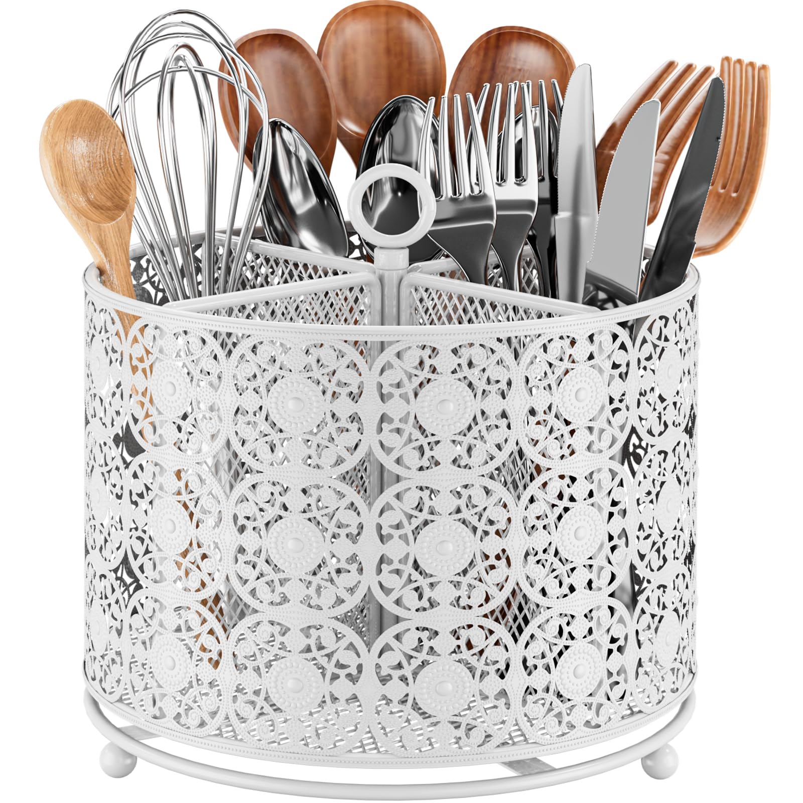 JANE EYRE Portautensili da cucina con 4 scomparti, girevole a 360°, con bordo floreale, contenitore in acciaio inox, organizer per utensili da cucina e piano di lavoro (bianco)