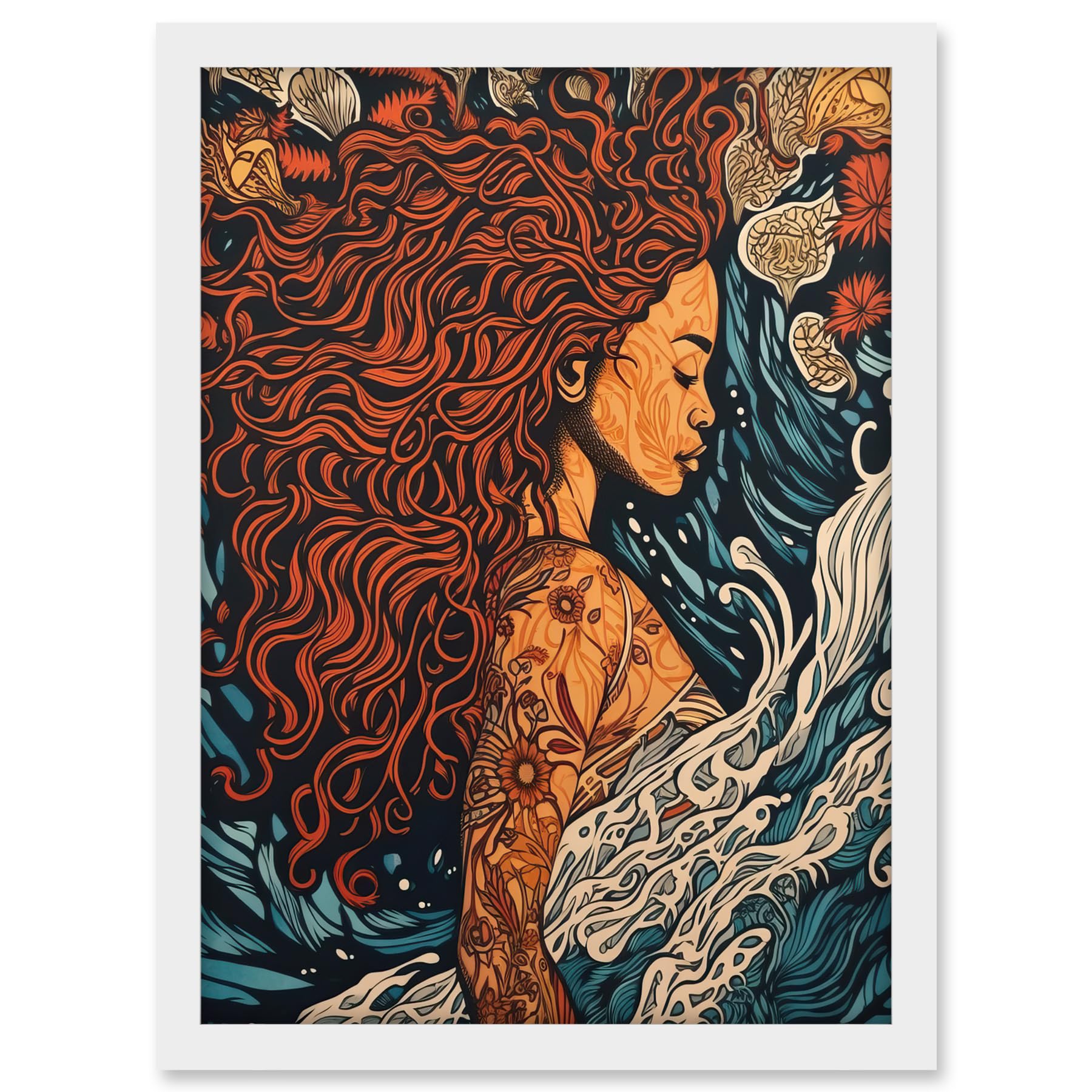 Artery8 Sea Water Nymph Modern Art Nouveau Linocut Artwork Framed A3 Wall Art Print
