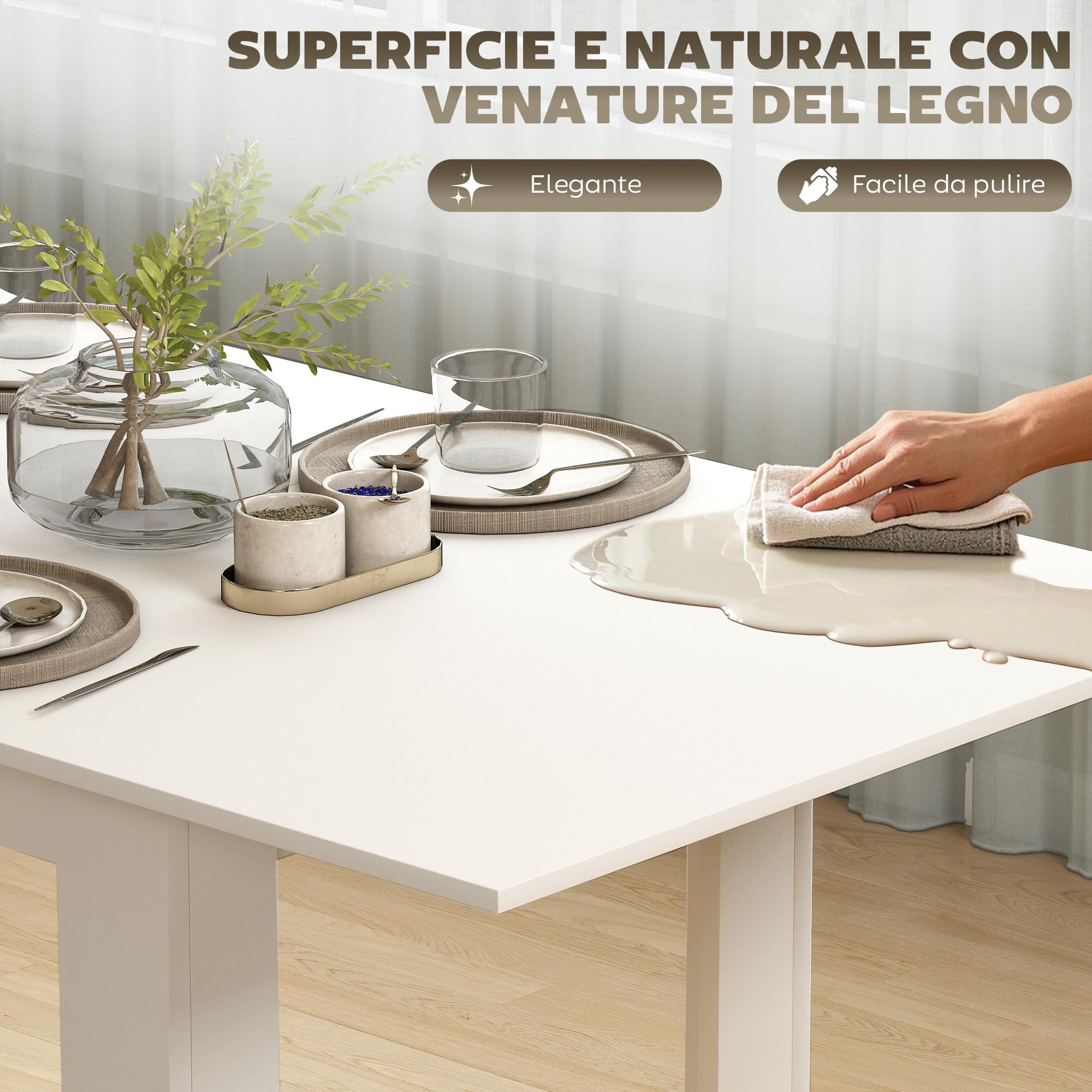 HOMCOM Tavolo da Pranzo Allungabile per 6-8 Persone con Pannelli a Ribalta, Tavolo da Cucina Allungabile in MDF, per Sala da Pranzo, Soggiorno, 140-180x80x75 cm, Bianco