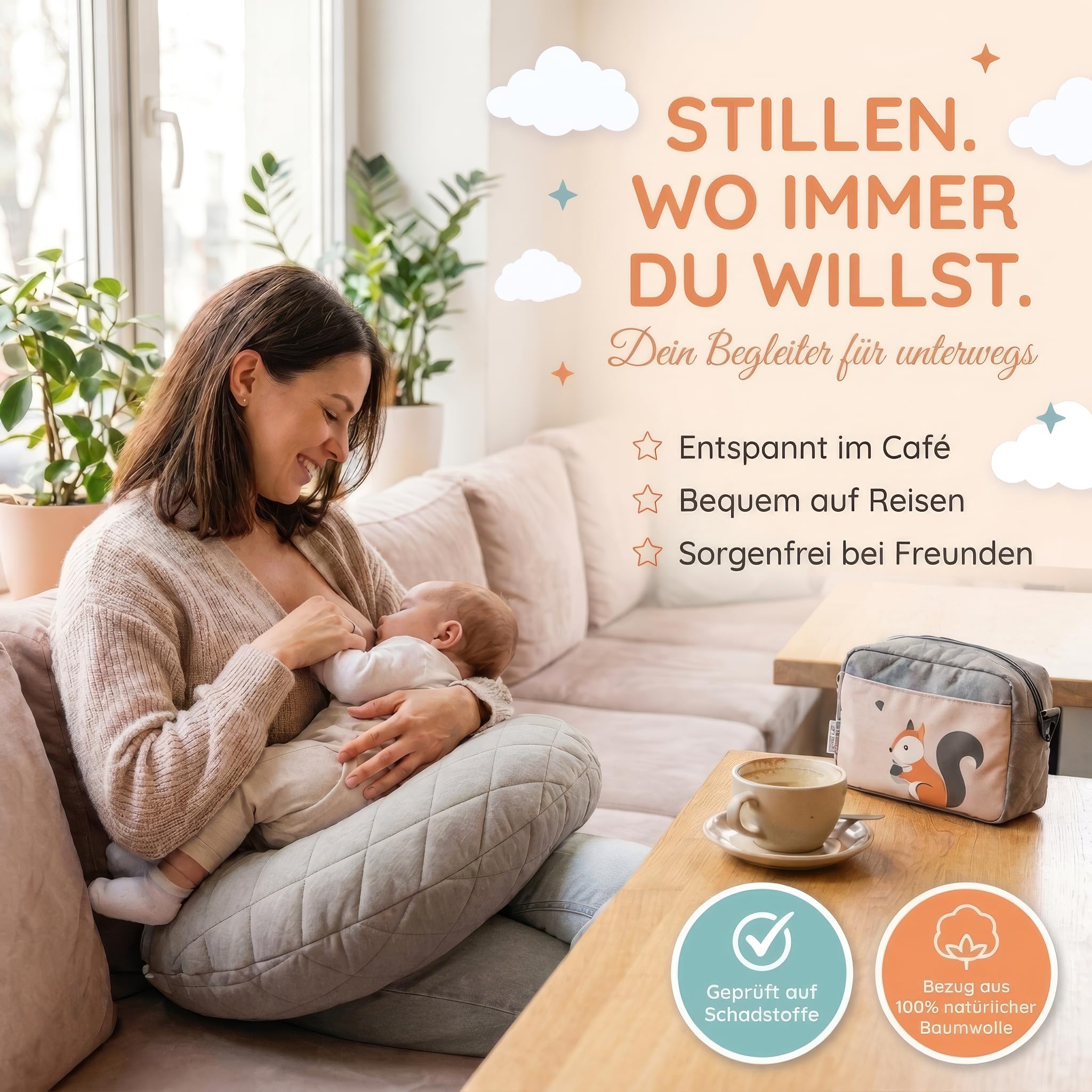 zoula kidz® Aufblasbares Stillkissen Klein - Stillmond Mondkissen Nursing Pillow für Reisen & Unterwegs - Stillhörnchen mit OEKO-TEX Baumwollbezug - flexible Festigkeit & Höhe, waschbar & atmungsaktiv