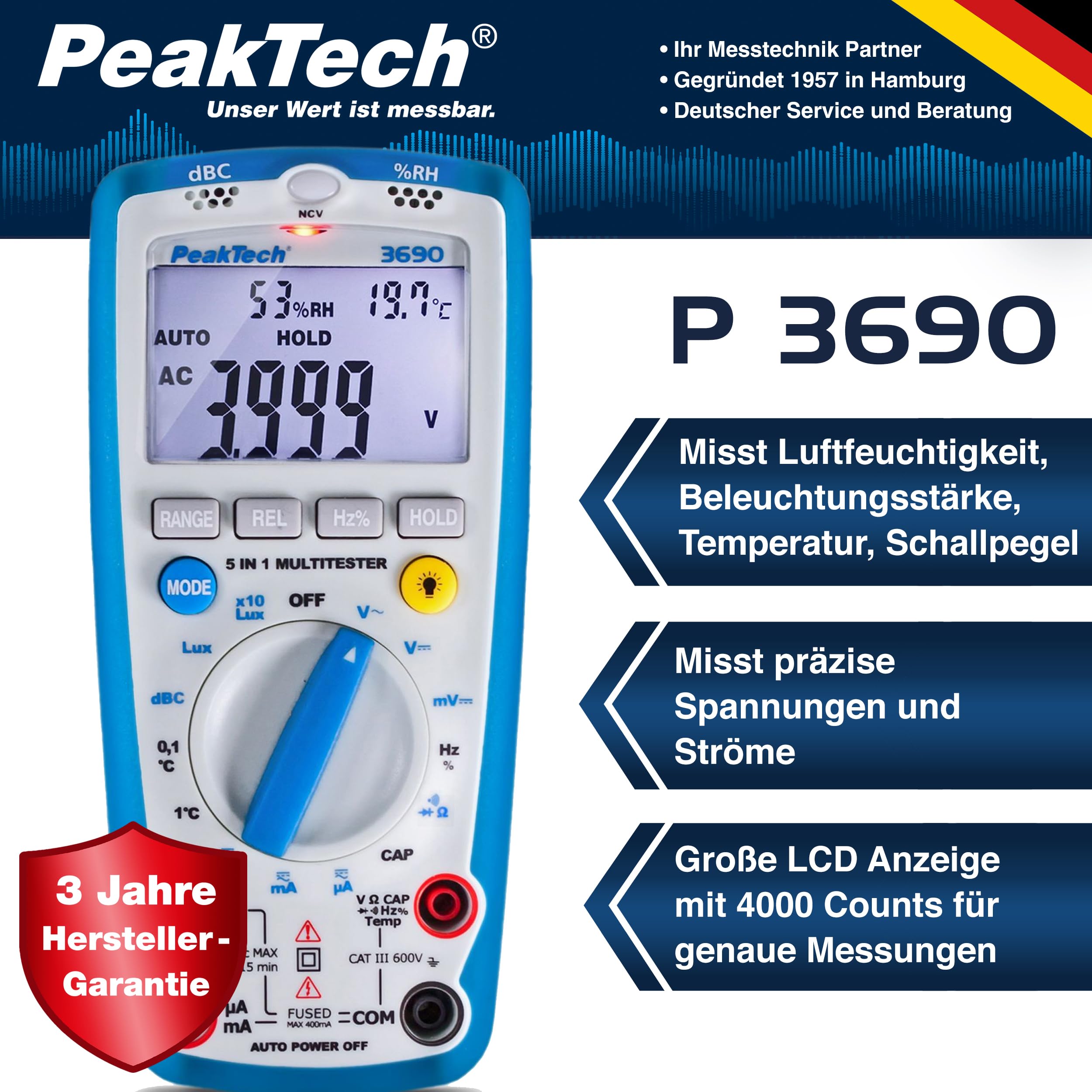 PeakTech P 3690 – Digitales 5-in-1 Messgerät – Multimeter, Schallpegelmessgerät, Luftfeuchtigkeitsmessgerät, Thermometer, Durchgangsprüfer in einem – Strommessgerät mit 4000 Counts 600V