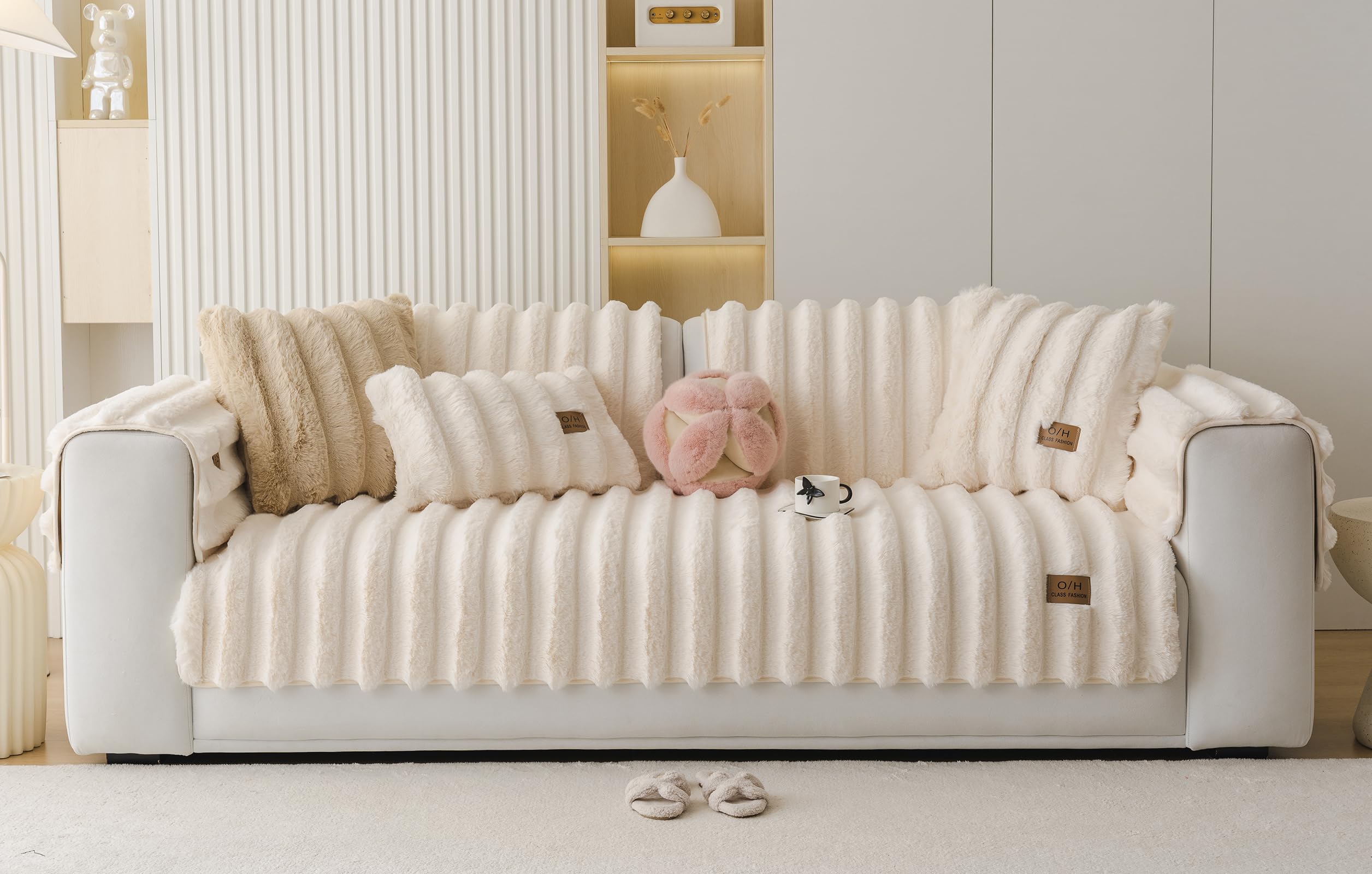 Huierxun Fuzzy Rabbit Plush Sofa Cover Thick Soft Fur Sectional Couch Cover Furry Fluffy Cushion Cover Non-Slip Sofa Slipcovers Vertical Stripe Furniture Protector for Dogs Cats(Cream,28