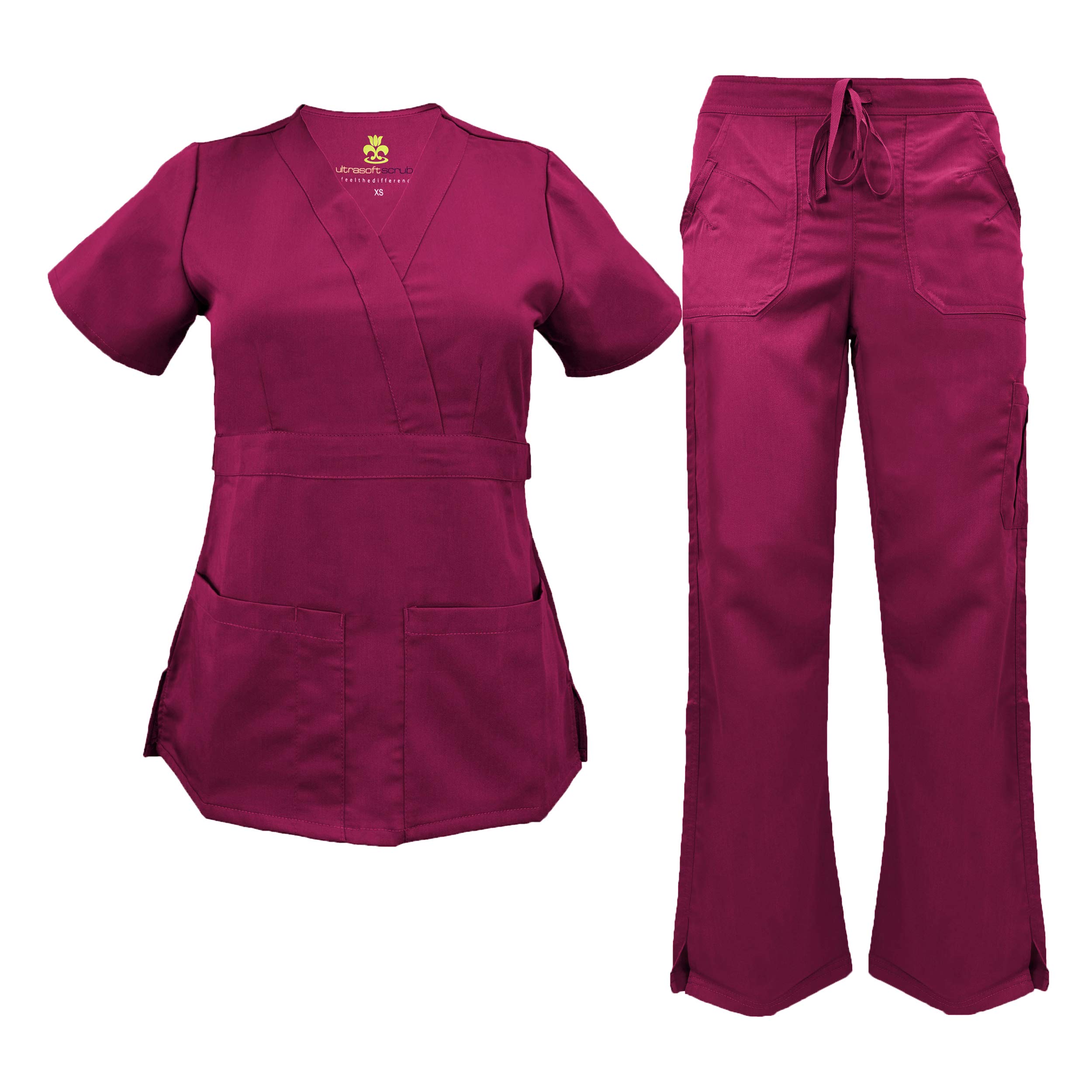Soft Premium Mock Wrap Professional Work-Wear Women Top and Pant Set (Burgundy, X-Small)