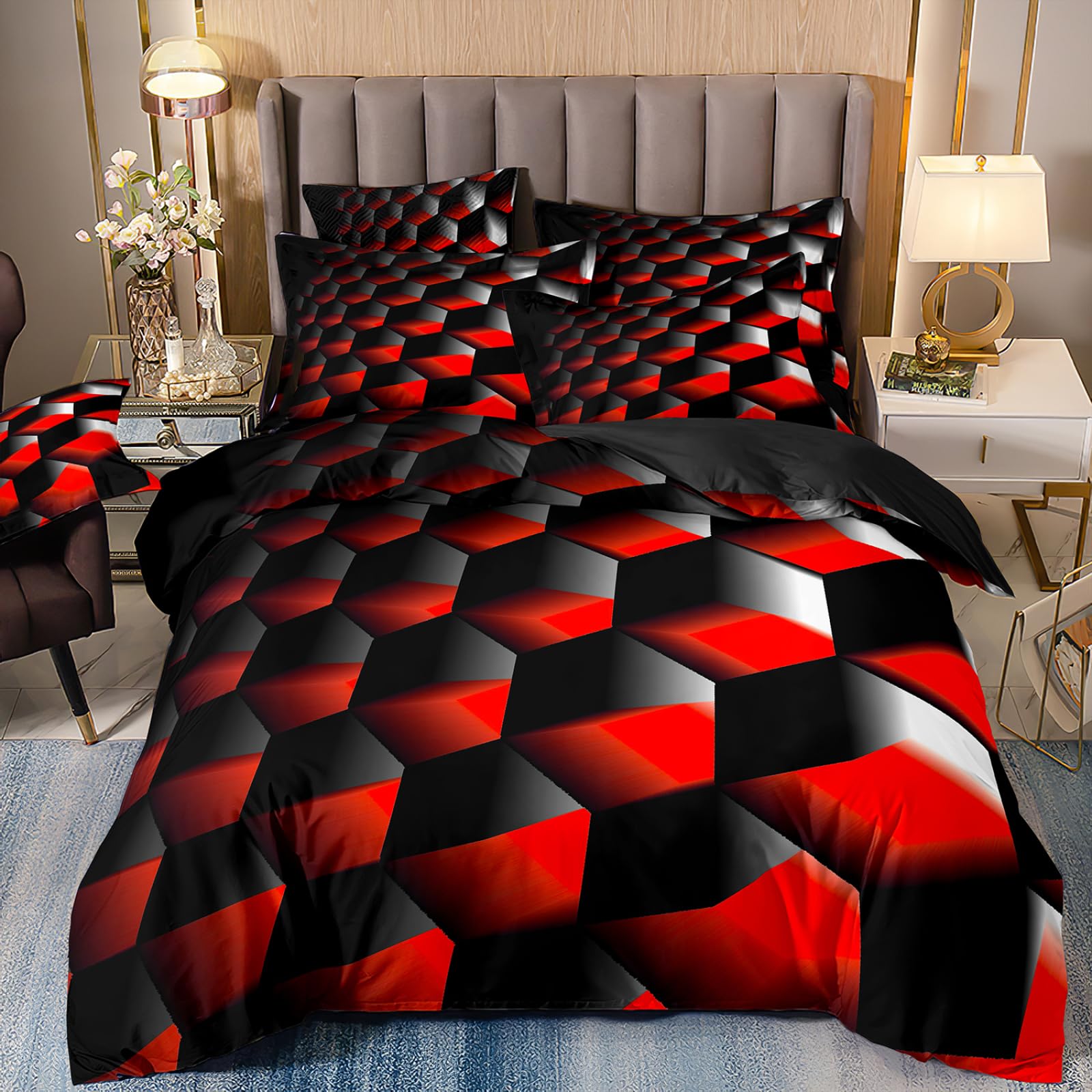 Dwetcxo Single Duvet Cover Set Red Black Hexagon Single Bed Duvet Cover Set Soft Microfiber Breathable Bedding Durable Single Bedding Sets with Zipper Closure+2 Pillowcases 50x75cm 140x200cm