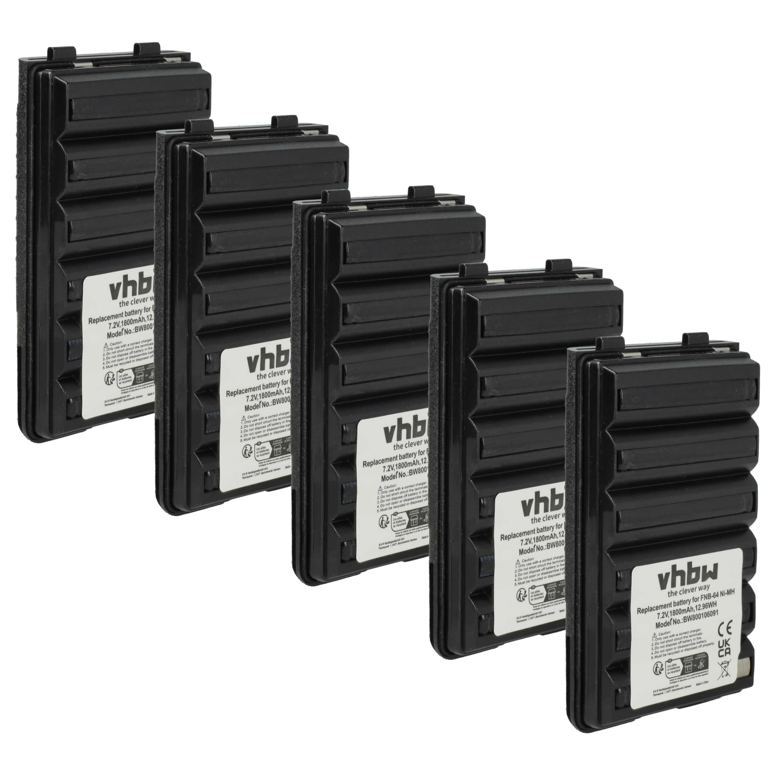vhbw 5X batería reemplaza Yaesu/Vertex FNB-64H, FNB-57, FNB-64, FNB-83, AAJ66X001, FNB-83H para Radio (1800 mAh, 7,2 V, NiMH)