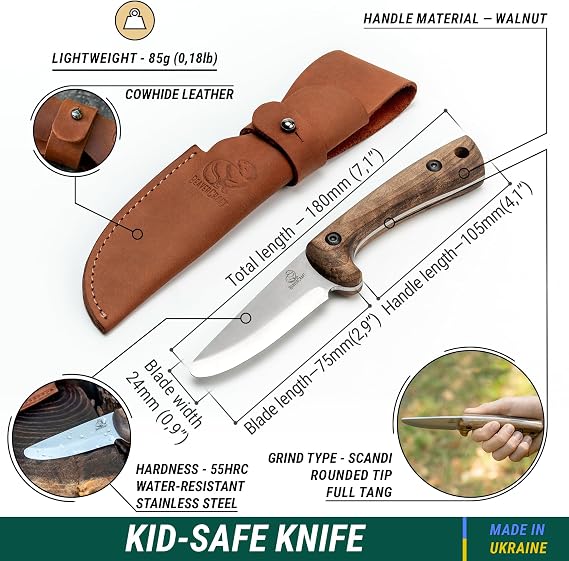 BeaverCraft Kids Boy Scout Knife - Whittling Knives for Kids - Safe Kid Knife with Rounded Tip & Sheath - First Bushcraft Knives for Boys 8-12 BSH Kid