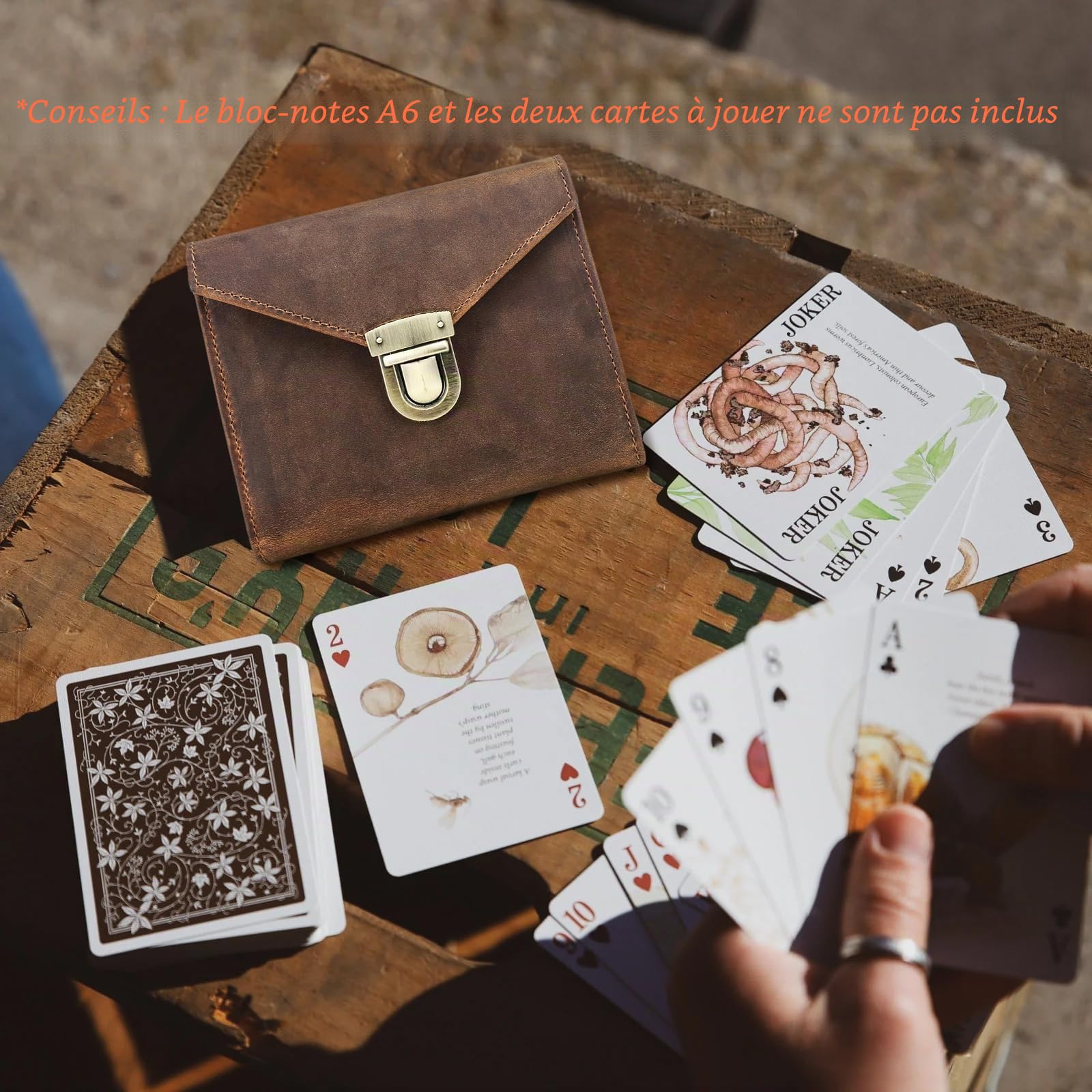 CONTACTS Étui en cuir véritable pour cartes à jouer avec stylo et bloc-notes pour voyage en plein air, boîte à 2 jeux de cartes marron, organiseur de jeu de cartes pour 2 jeux de cartes, jeu de scores