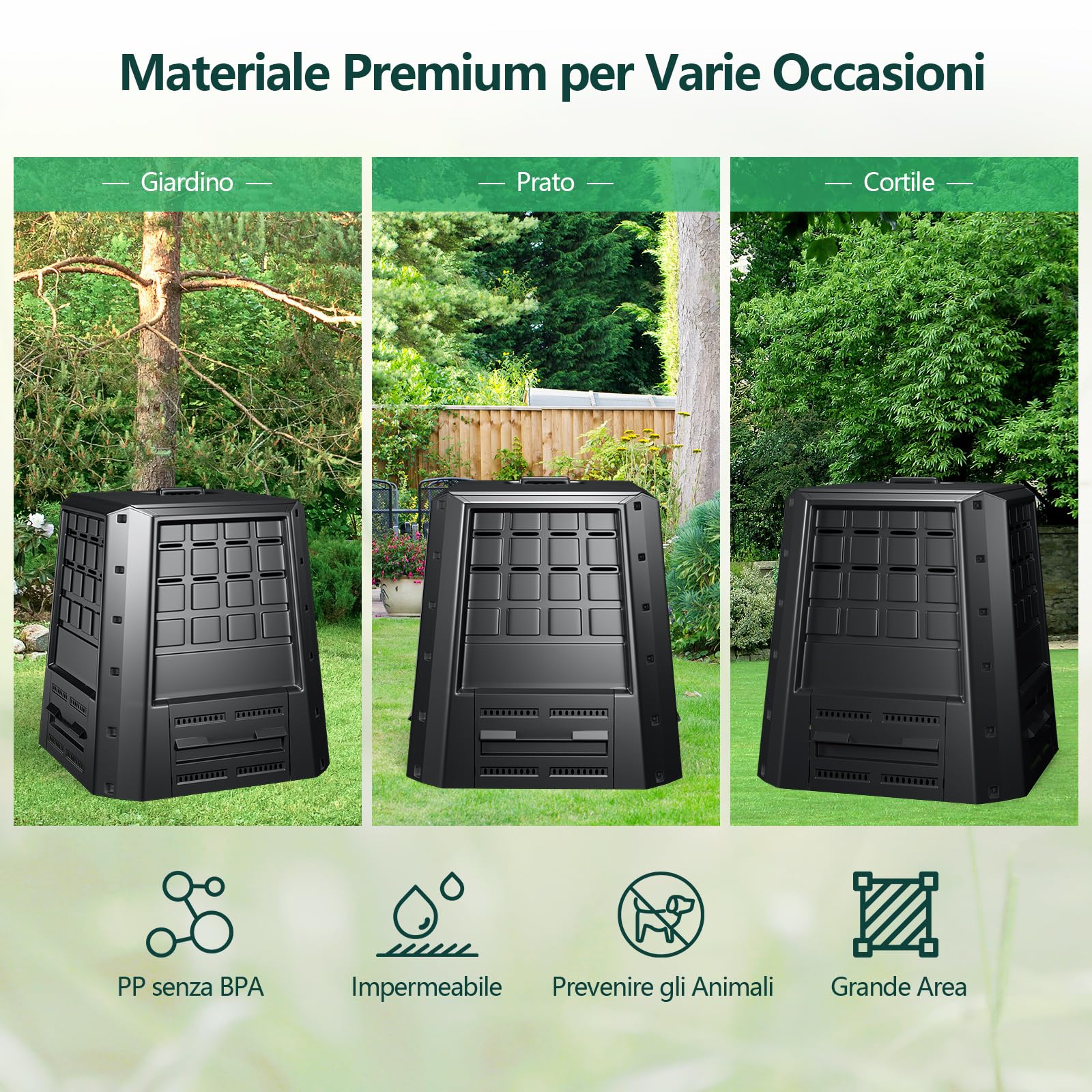 COSTWAY Compostiera da Giardino da 380L, Bidone per Compostaggio da Esterno con Coperchio e Prese d'Aria Regolabili, Barile per Compost per Creare Terreno Fertile Velocemente