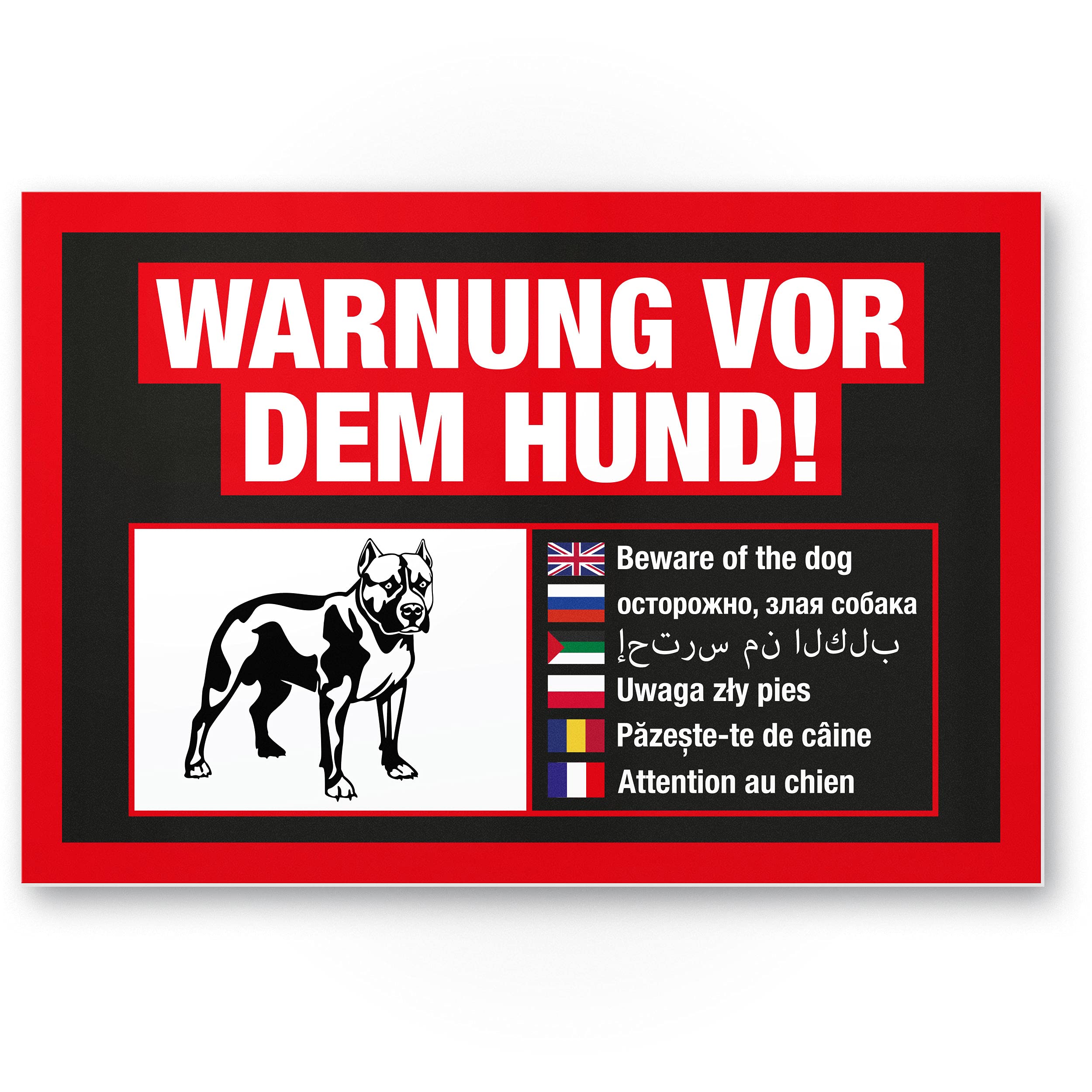 Warning for The Dog Plastic Sign Multilingual Black/Red Weatherproof Dog Sign Garden Gate, Entry Gate/Front Door
