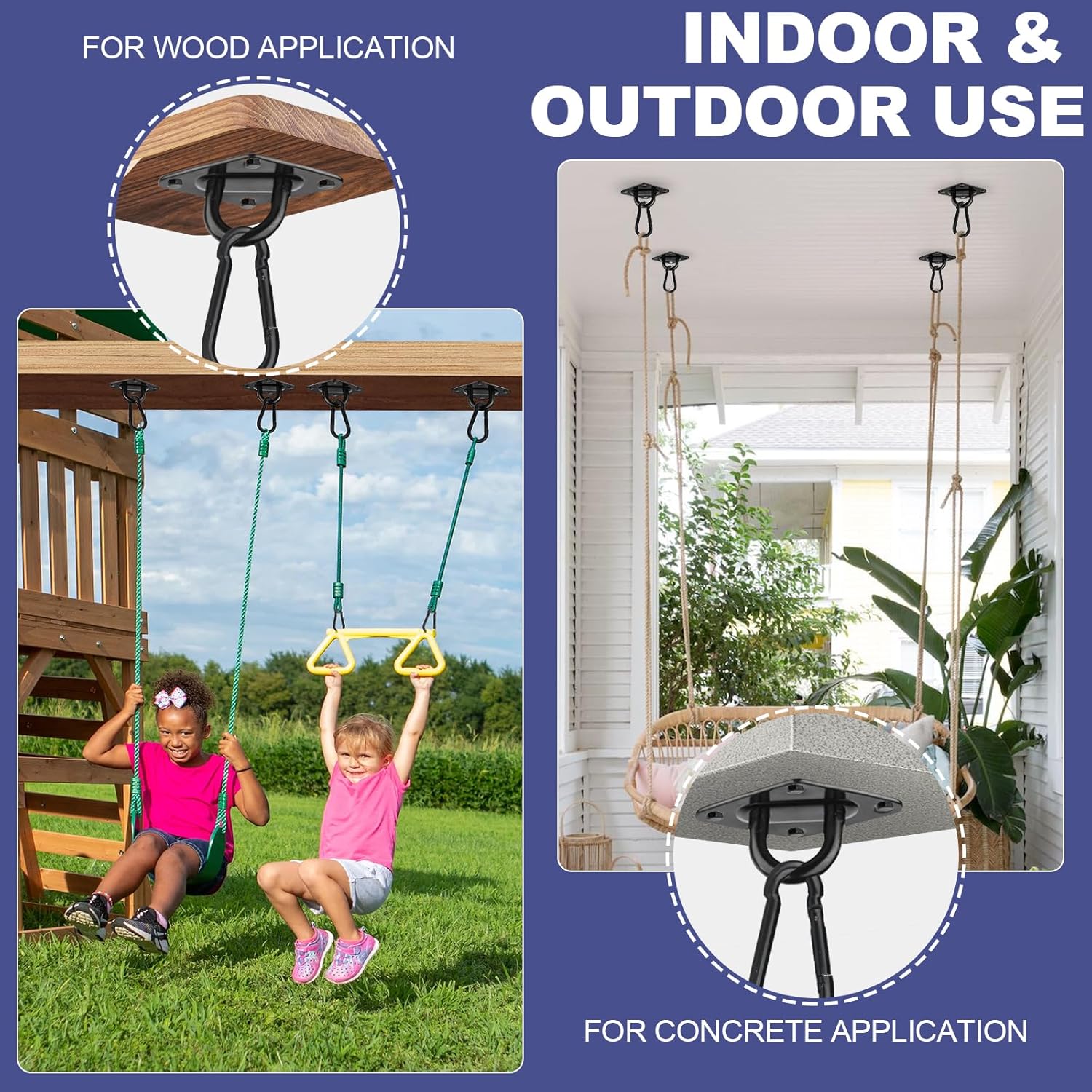 Hammock Hooks 4 Pack, Heavy Duty Hammock Hanging Kit, M10 304 Stainless Steel Pad Eye Hanging Hooks for Porch Swing Hang, 3400Lbs Holding Capacity,Black