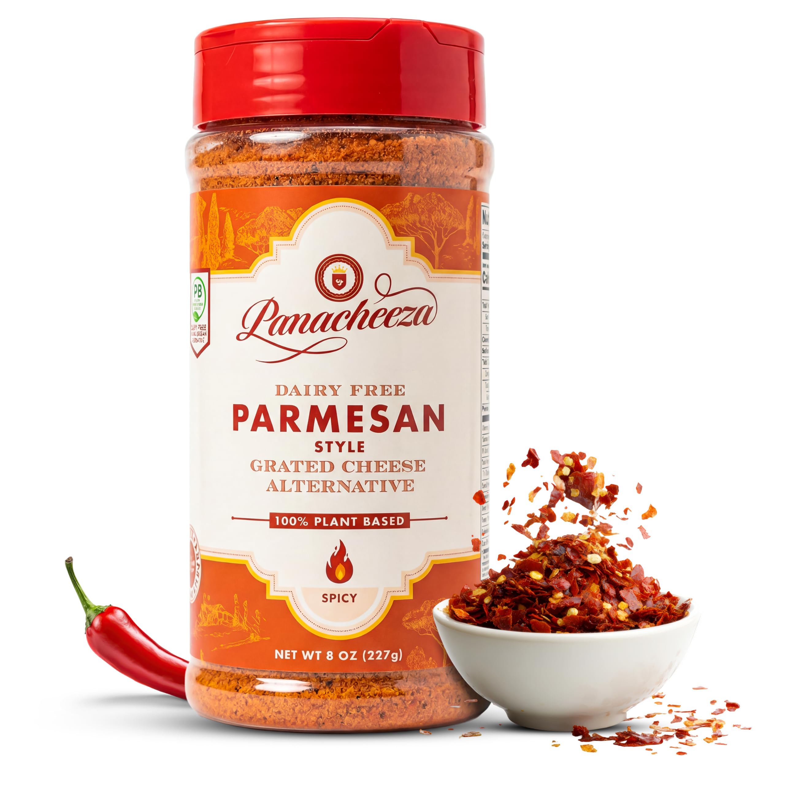Panacheeza Hot & Spicy Plant-Based Grated Parmesan Cheese – Dairy-Free Vegan Cheese with Cashews, Nutritional Yeast, Red Jalapeno Chili Flakes, Garlic