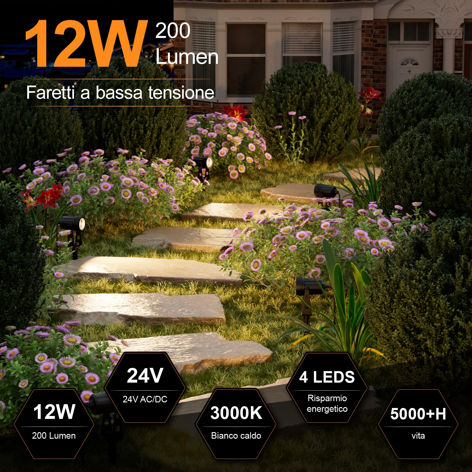 6 Pezzi 20M 6-IN-1 Luci da Giardino LED Faretto da Giardino Impermeabili IP67, Bianco Caldo 3000K 24V per Esterno Giardino