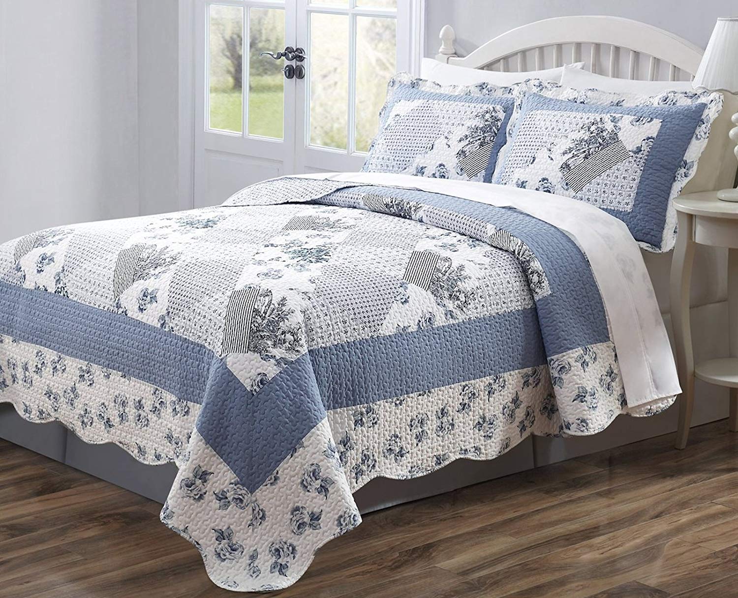 Parure De Lit VAPUTAR 3 Pièces Très Grand Lit - Couvre-lit Coton Doux Motif Floral Patchwork (Bleu Rêve)