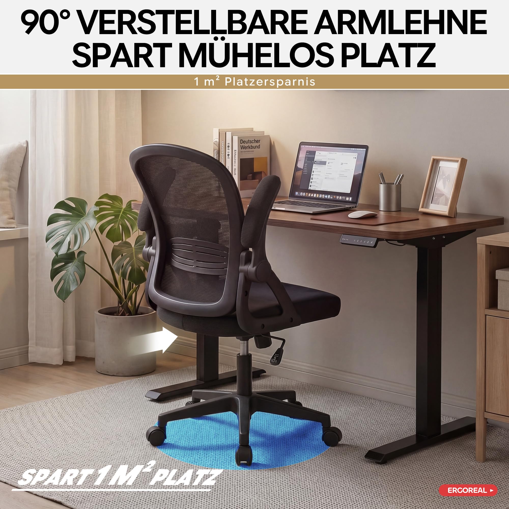 Ergonomischer Bürostuhl, 90-110° Verstellbare Rückenlehne & Aufklappbare Armlehnen (90°), Bürostuhl mit Rollen & Höhenverstellung,Homeoffice & Arbeitszimmer (Tiefe Schwarz) - 4