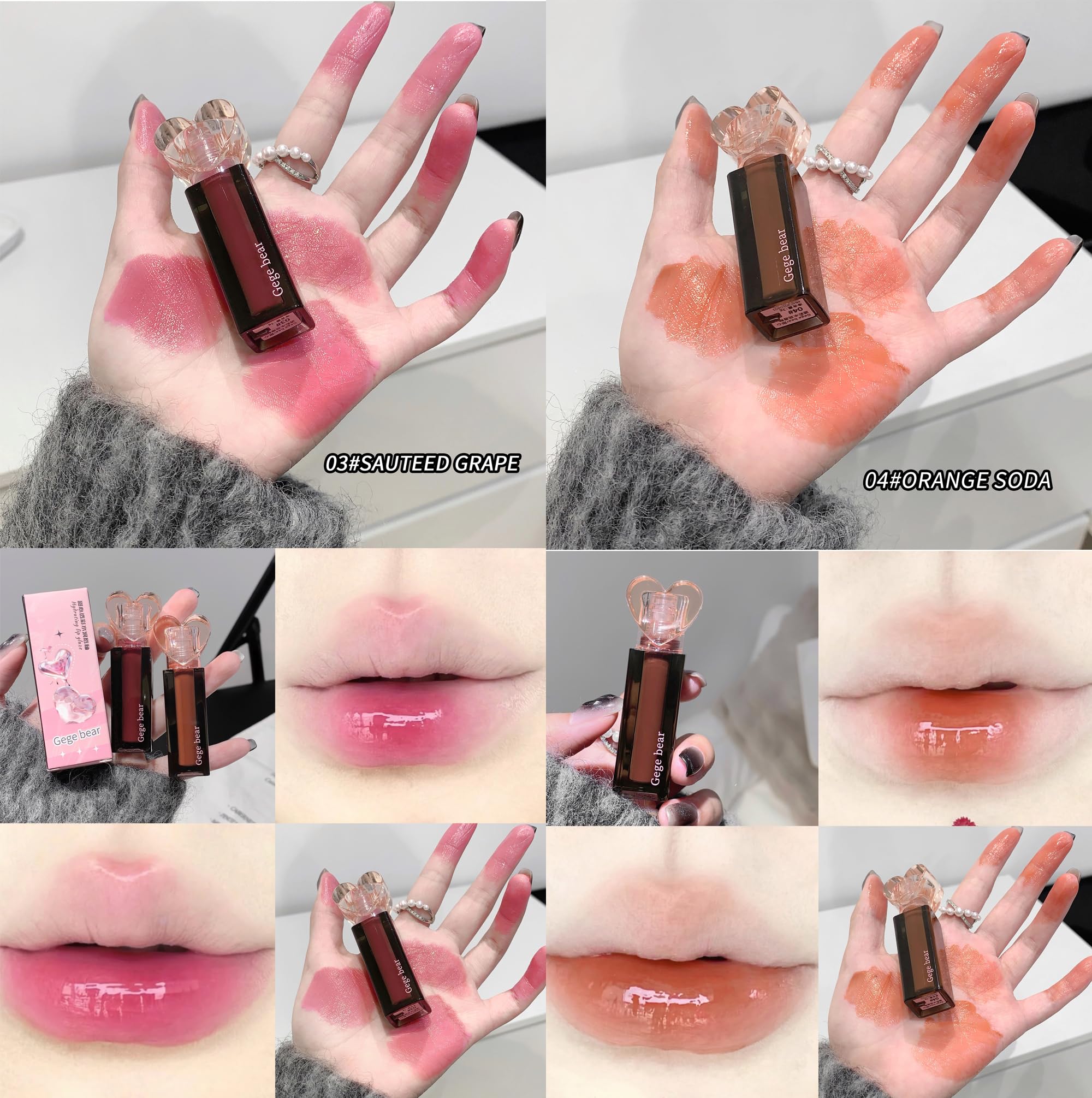 Gege Bear Sweetheart Lip Glaze | 6 Glossy Lip Colors with Heart-Shaped Cap | Korean Style Translucent Lip Gloss for Women | Lightweight Lip Tint with Moisturizing Formula | Lipstick Combo for Girls | Non-Sticky Glossy Finish (02#RED GRAPEFRUIT TEA (Red Grapefruit), 3g) 2