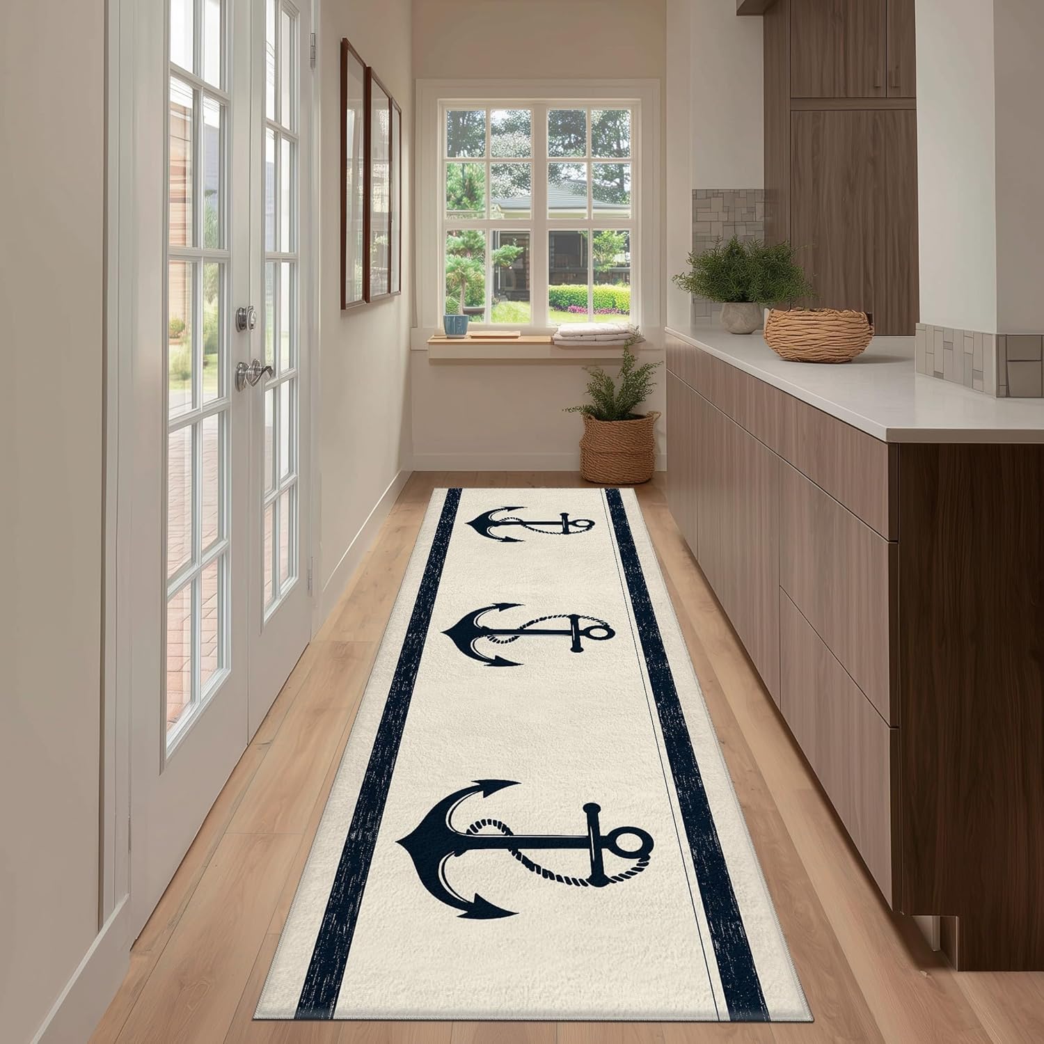 Anchor Nautical Runner Rug Washable, Adventure Theme Carpet Hallways 2x5ft Non Slip Soft, Ocean Sea Rug Rubber Backing for Bedroom Entry Living Laundry