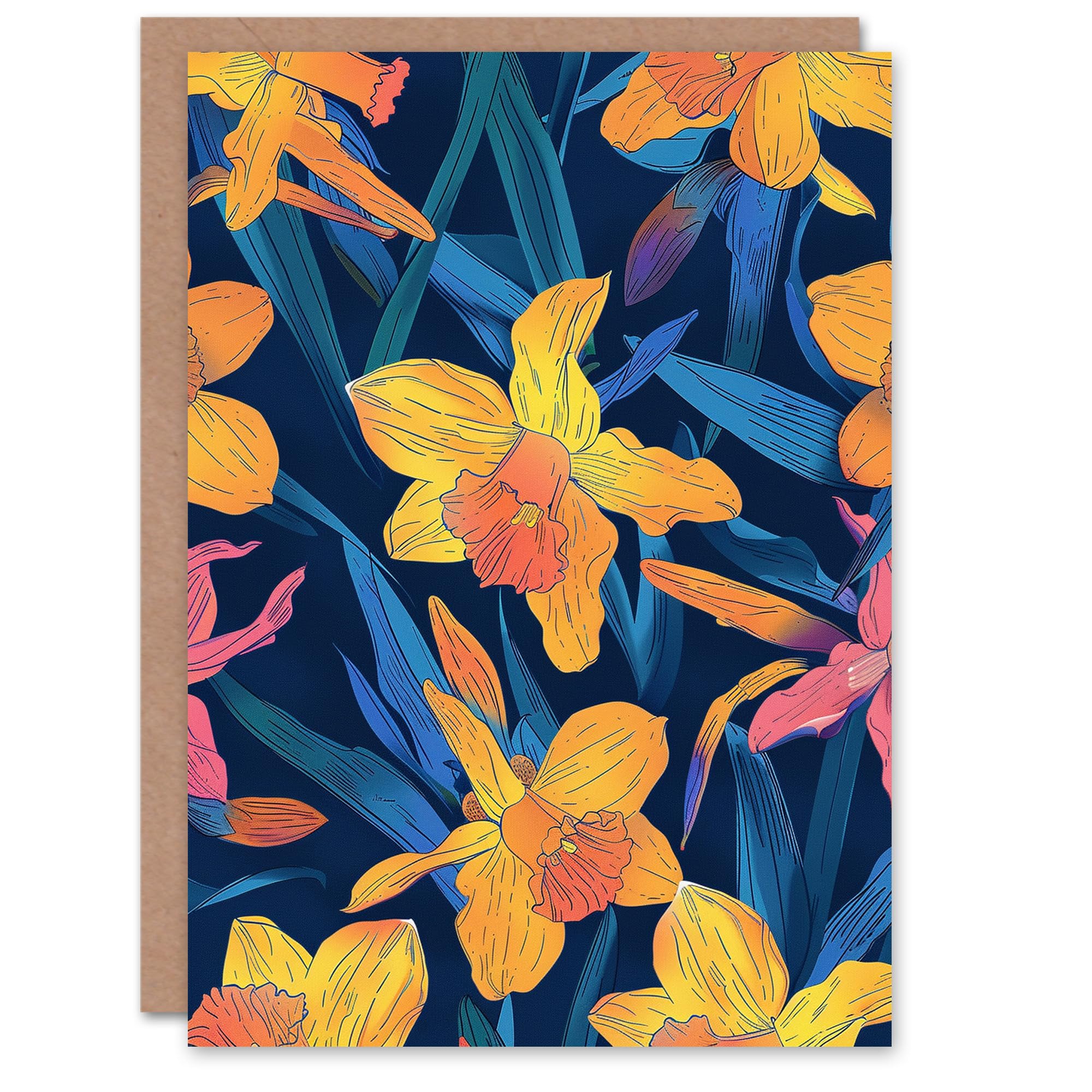 Artery8 Birthday Card Daffodil Flowers Vibrant Orange Pink Blue Design For Her Gran Sister Niece Daughter Wife Woman Greeting Card