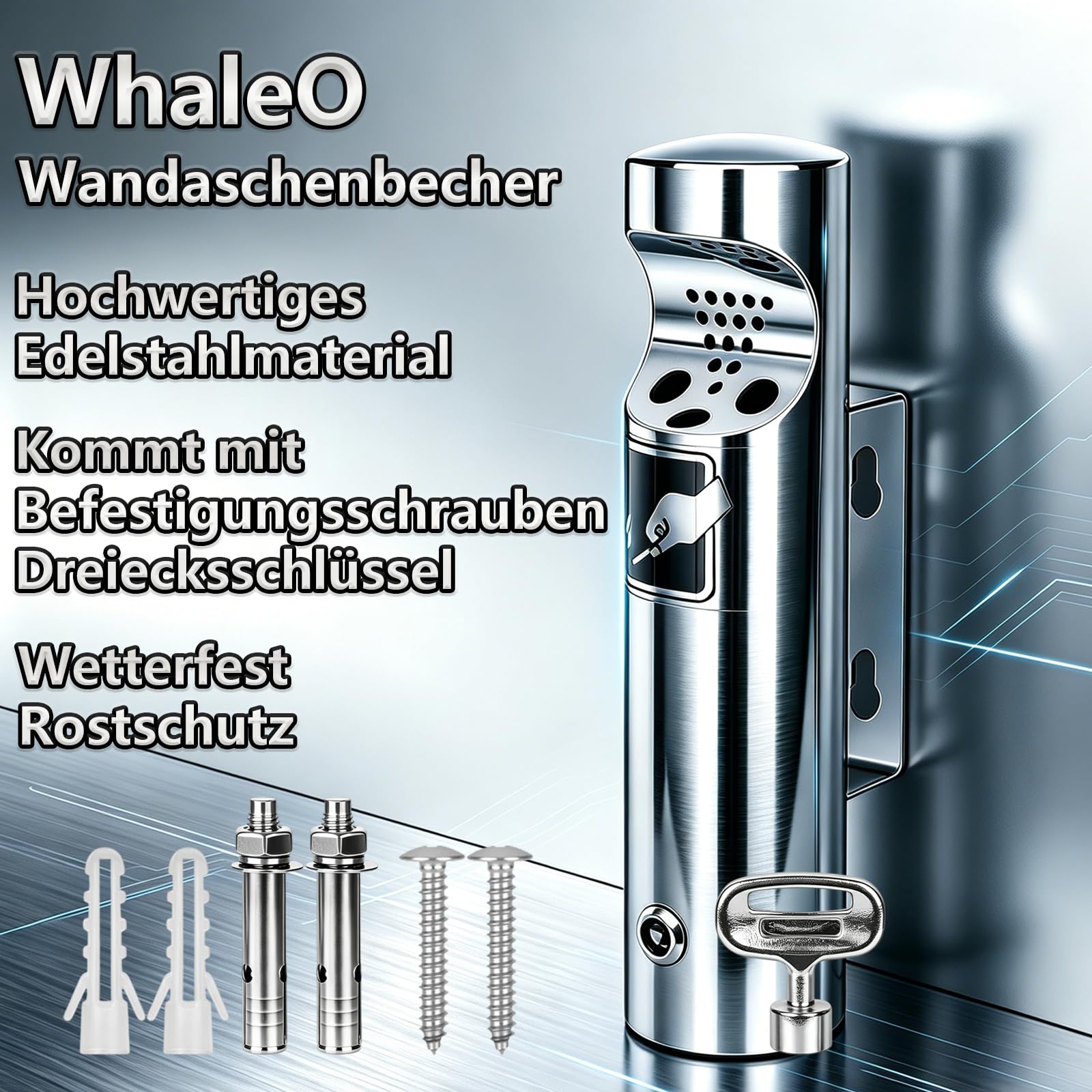 WhaleO Posacenere da Esterno a Muro in Acciaio con Materiale di Montaggio | Dall’Aspetto Elegante, Posacenere Antivento per Terrazza/Casa/Giardino/Bar/Ristorante/Hotel, 30 x 6,3 CM