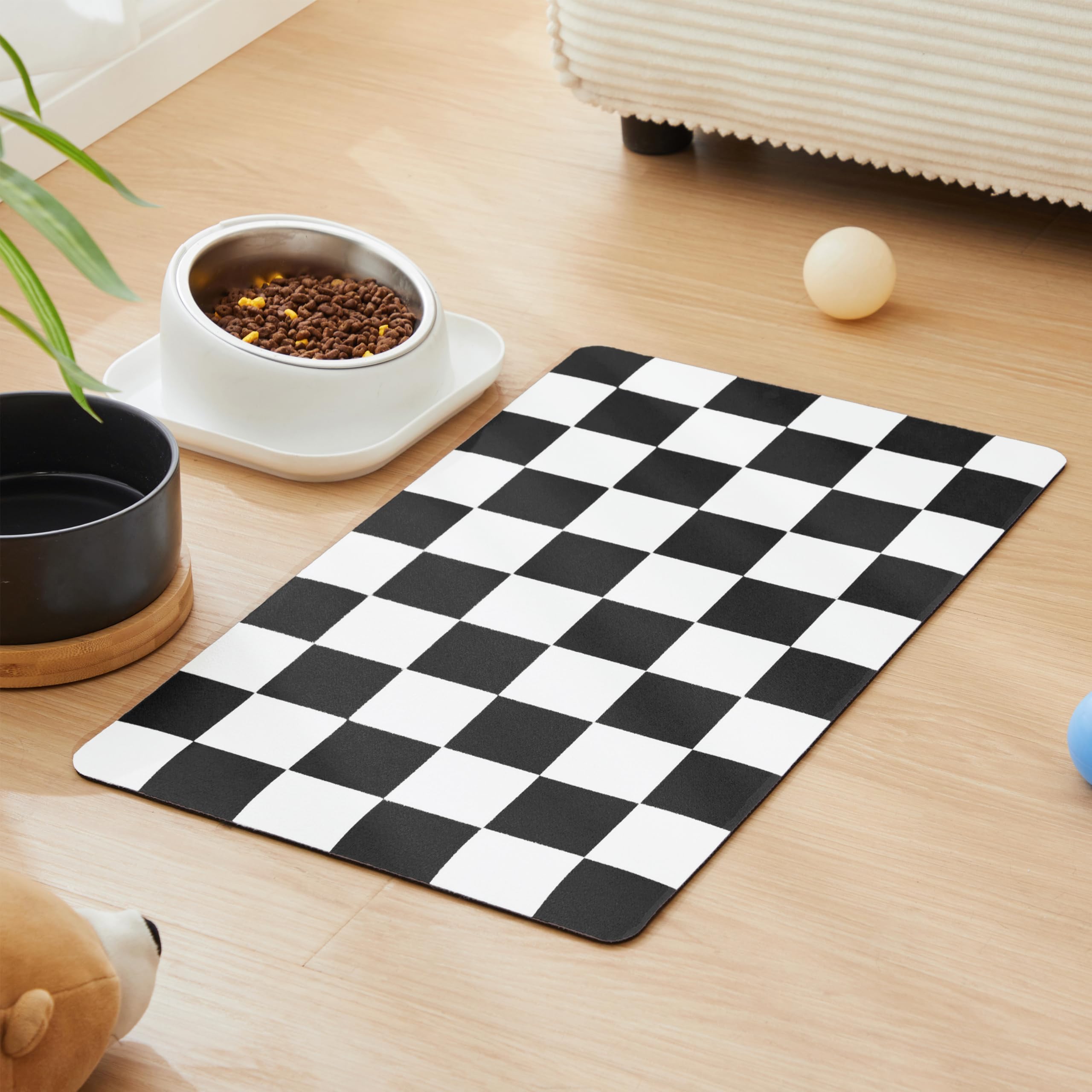 Ralxion Checkered Dog Feeding Mat, Absorbent Mats for Dog Food and Water Bowl, Dispenser, Feeder, Retro Aesthetic Black Checkerboard Pet Placemat for Dogs, Cats, Puppy Accessories, 16" X 24” — image 1