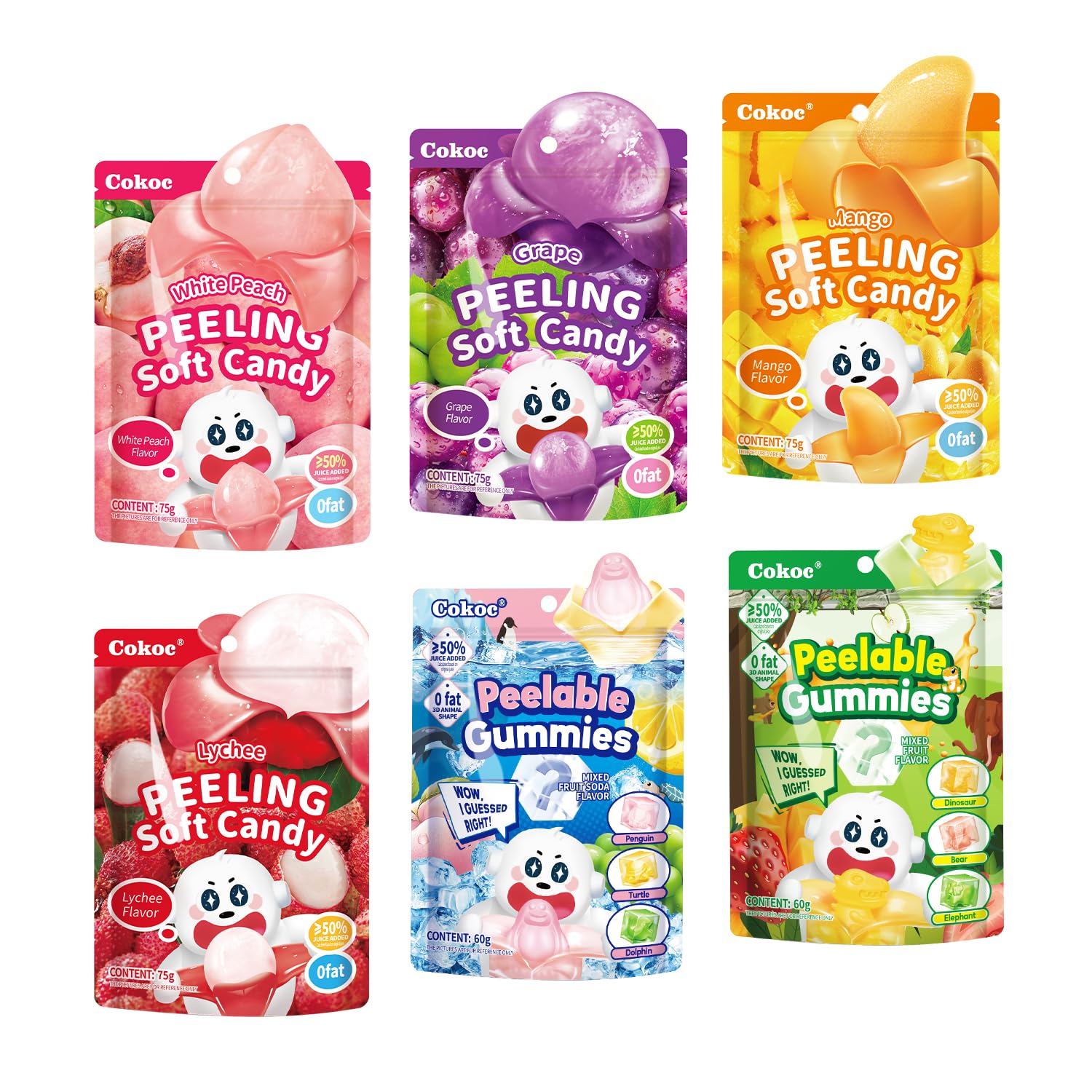 COKOC Peelable Gummy Variety Pack - 6 Individual Packs Featuring Peeling Mango, Grape, White Peach, Lychee,Strawberry,Apple& Lemon Burst Flavors
