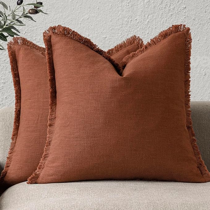 Rust orange linen fringe throw pillow covers, set of 2, 18x18