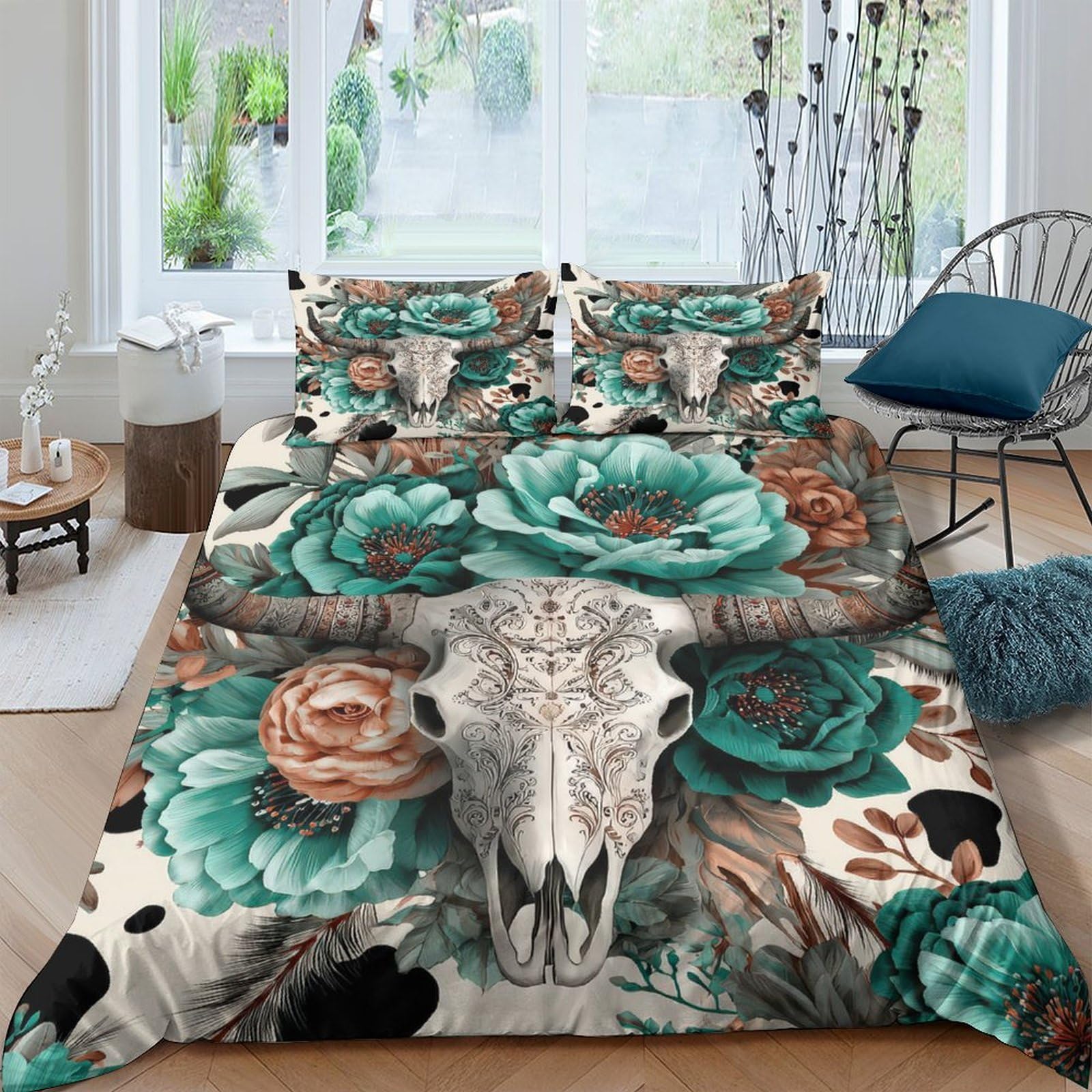 Ctjqhvkz Style-9 3D Printed Floral Skull Fitted Sheet Microfiber Soft Breathable Western Cow Skull Mattress Cover For Bedroom Decor Single（135X200cm）