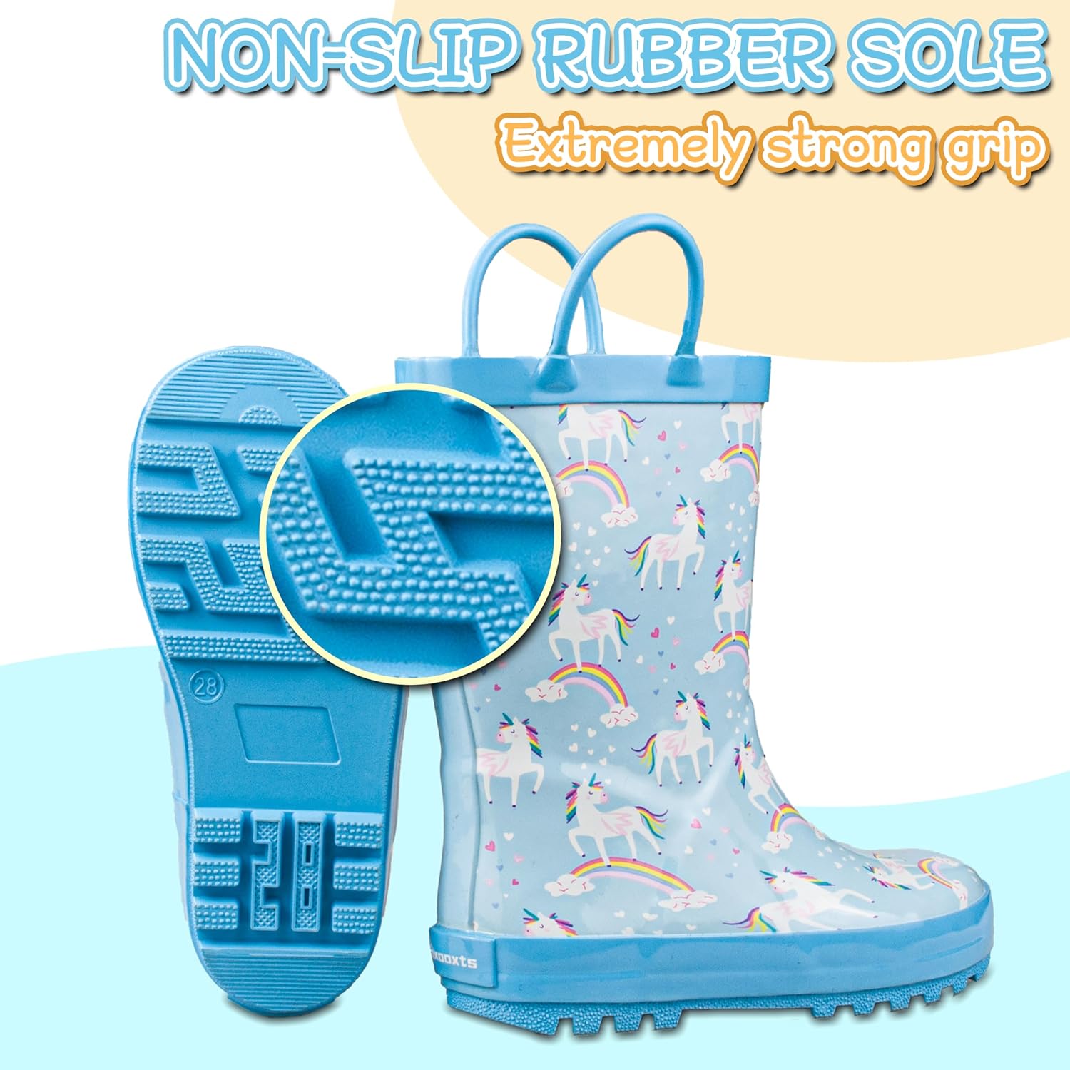 Hbxooxts Kids Rain Boots - Toddler Waterproof Rubber Kids Rain Boots for Girls and Boys with Fun Patterns and Easy-On Handles image 3