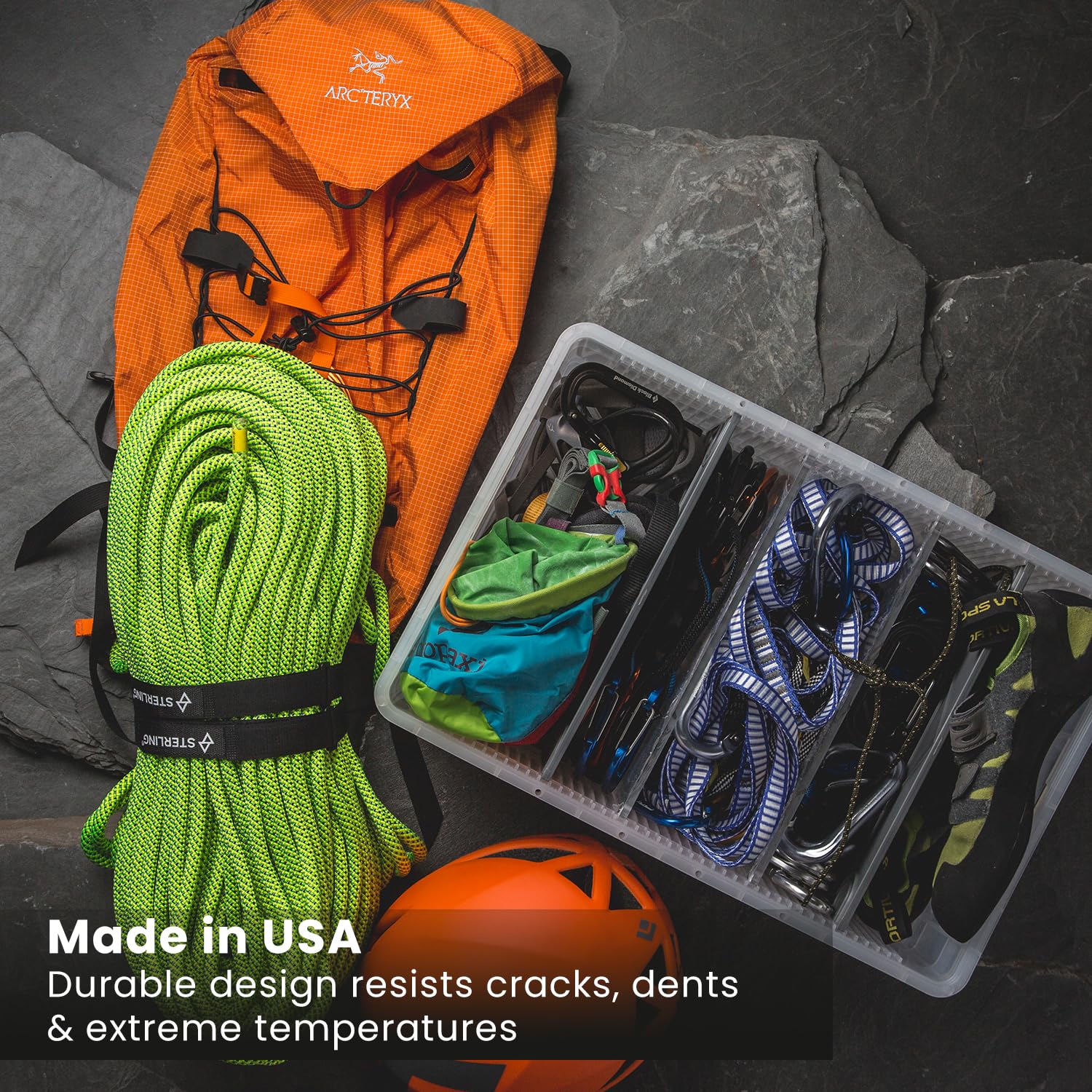 SIDIO Crate Basic Pack – 2 contenedores apilables de tamaño completo y 1 medio tamaño resistente, contenedores con divisores – Organizador de plástico duradero para el hogar, oficina, garaje y uso al
