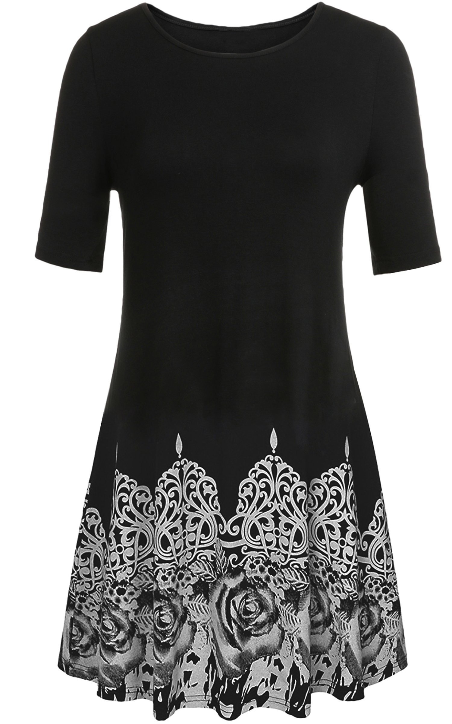 Women's Floral Print Ethnic Style Tunic Top Black L