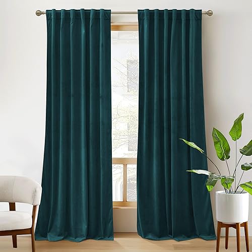 RYB HOME Teal Velvet Curtains 84 inch Length - Super Soft Durable Window Drapes Plush Velvet Room Darkening Backdrop for Nursery Playroom Bedroom, Peacock Blue, W52 x L84 inches, 2 Panels