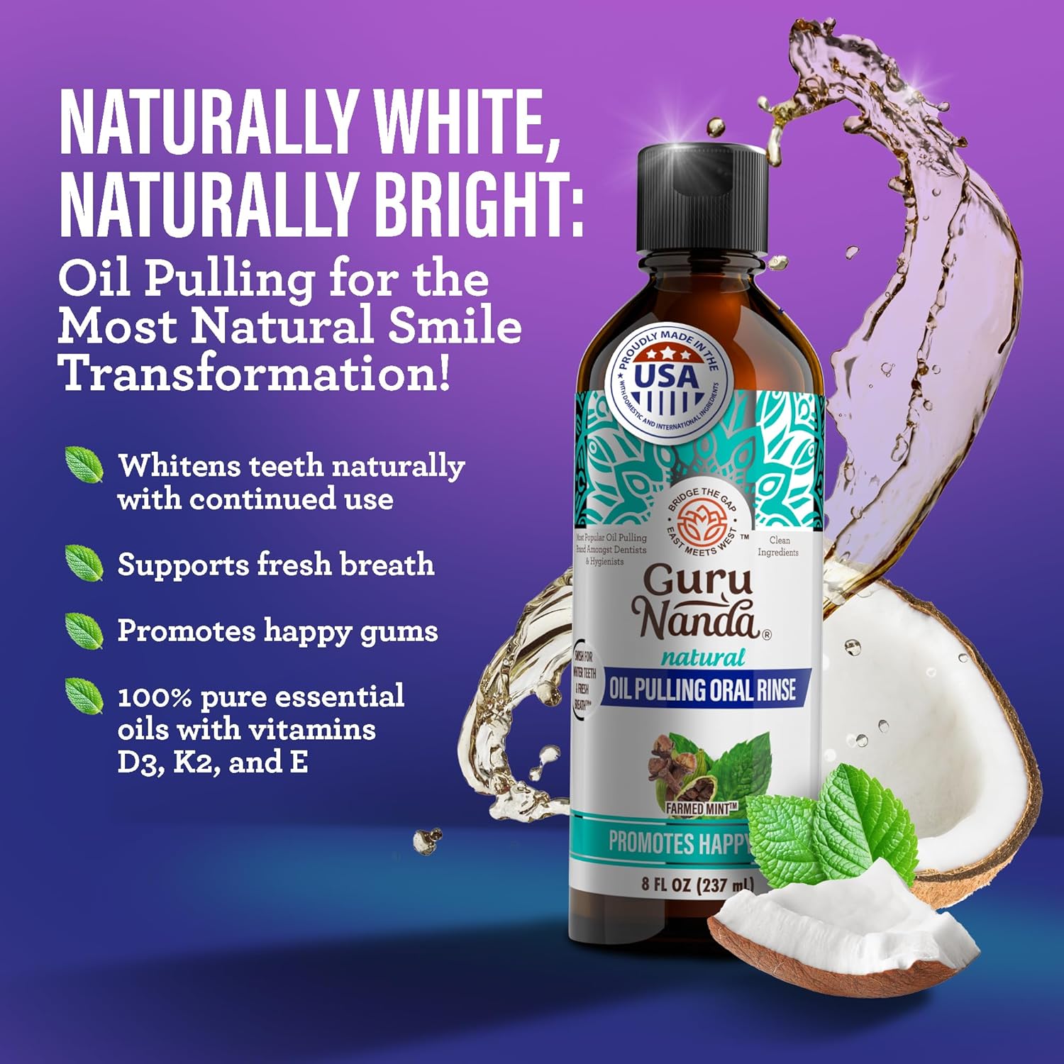 GuruNanda Total Smile Makeover Kit Charcoal with Cocomint Oil Pulling, Dual Barrel Whitening Mouthwash, Whitening Strips & Charcoal Butter on Gums Toothbrushes