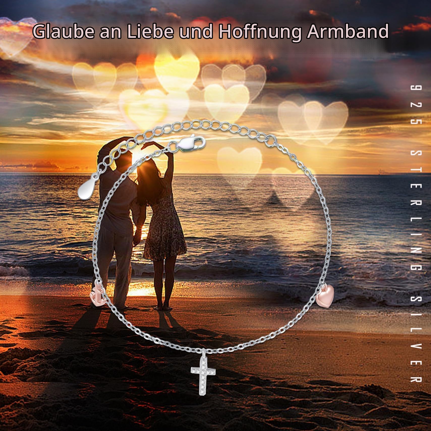 OHAYOO Armband Kreuz Damen 925 Sterling Silber Rosegold Anker Herz Armband Schmuck Geschenke für Freundin Frauen Mädchen Mama